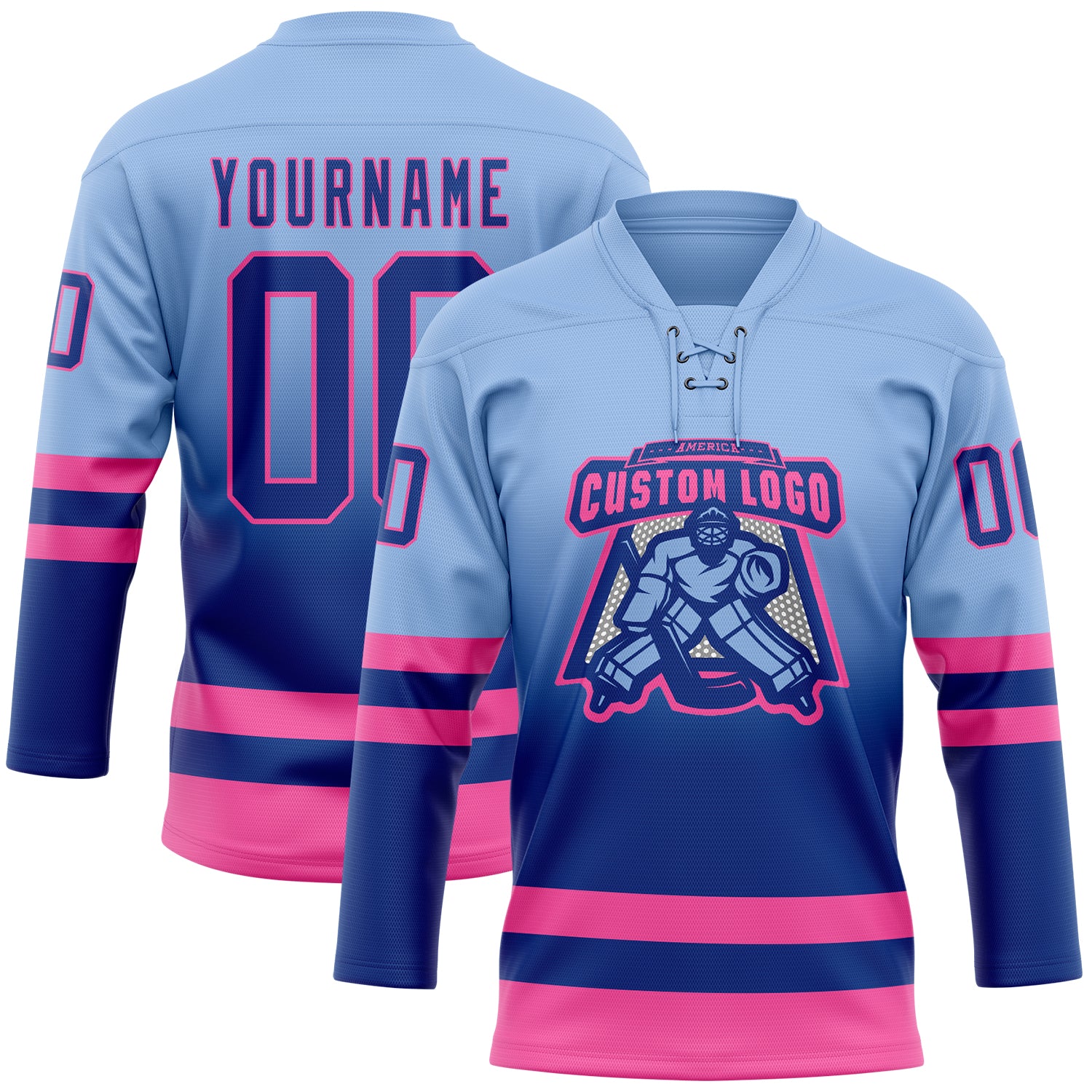 Custom Light Blue Royal-Pink Fade Fashion Hockey Lace Neck Jersey