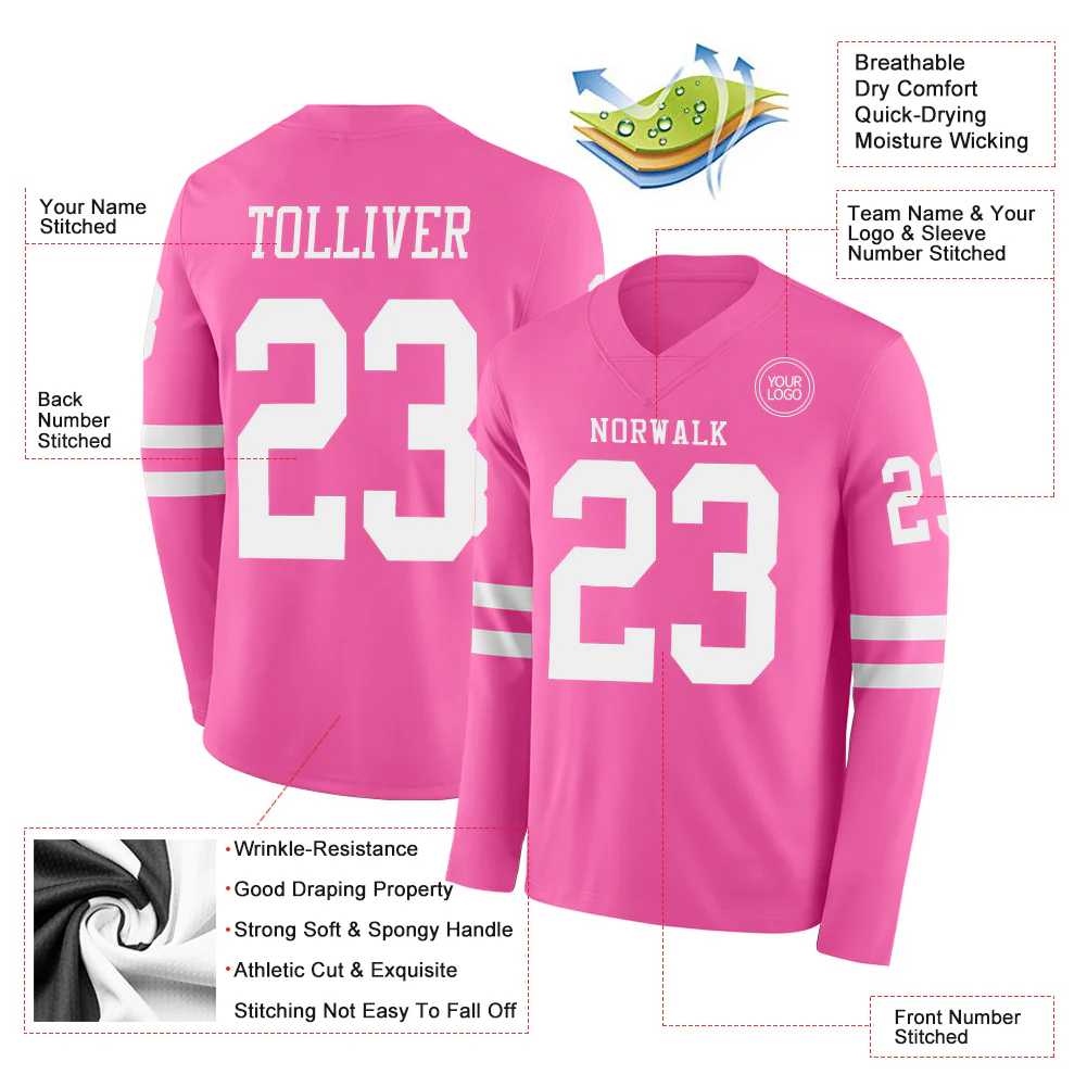Custom Pink White Long Sleeve Authentic Football Jersey