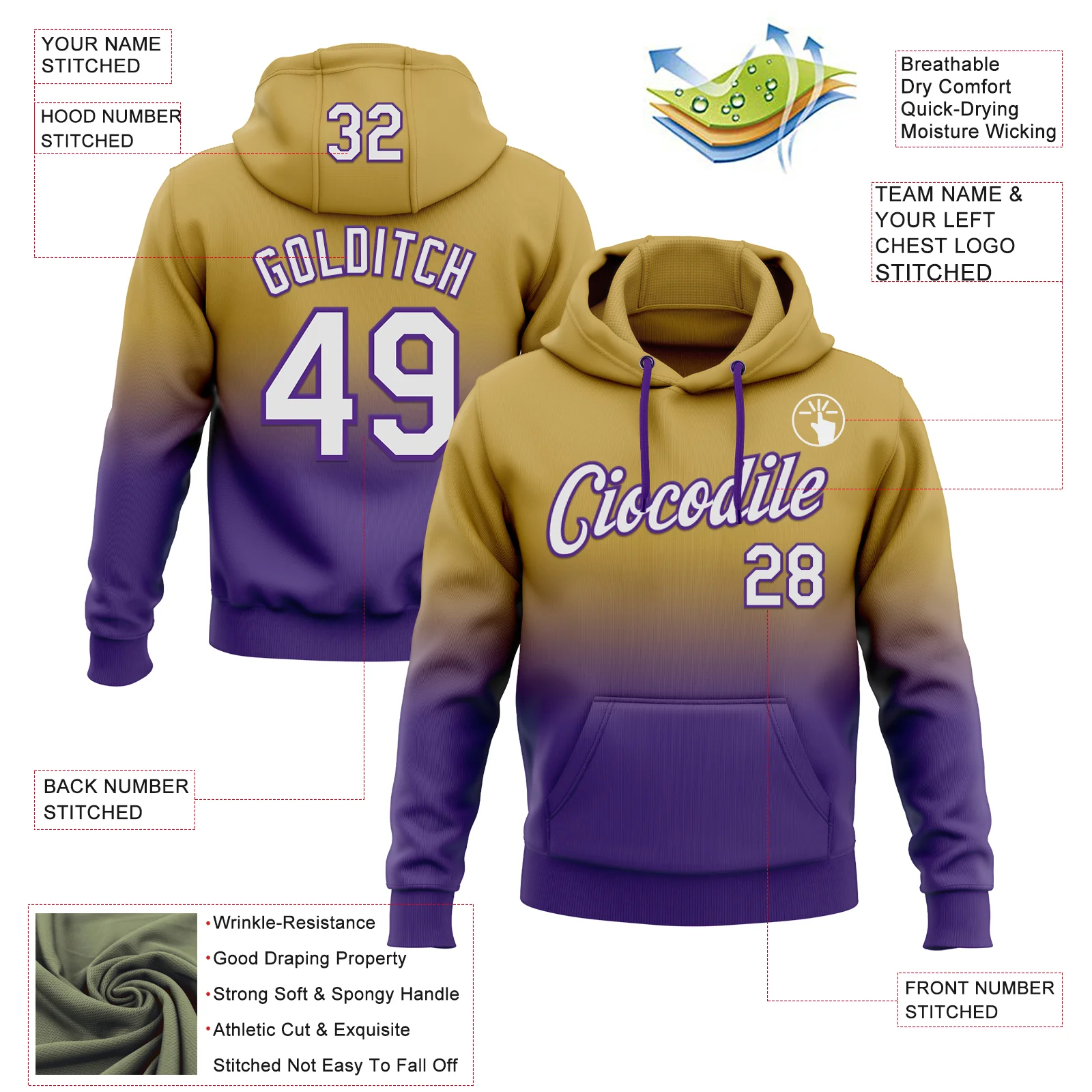 Custom Stitched Old Gold White-Purple Fade Fashion Sports Pullover Sweatshirt Hoodie