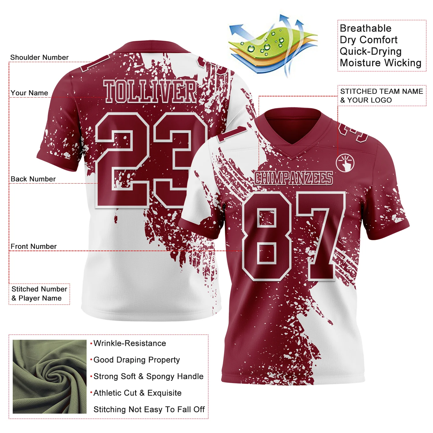 Custom Crimson White 3D Pattern Abstract Brush Stroke Authentic Football Jersey