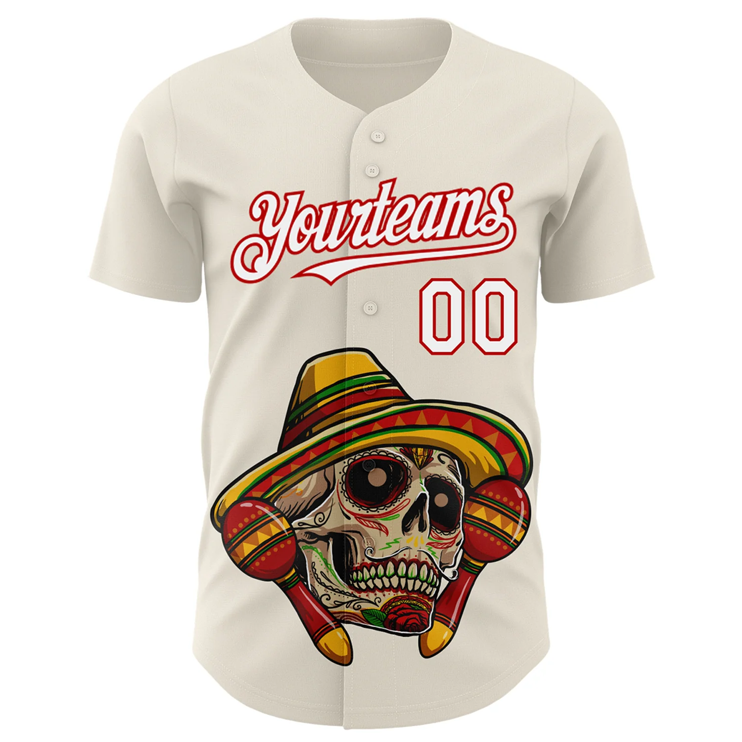 Custom Cream White-Red 3D Mexican Festival Skull With Sombrero Cinco de Mayo Authentic Baseball Jersey