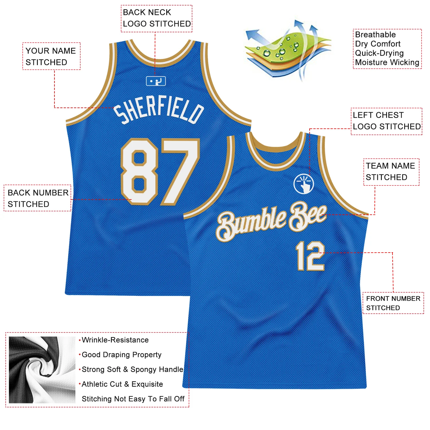 Custom Blue White-Old Gold Authentic Throwback Basketball Jersey