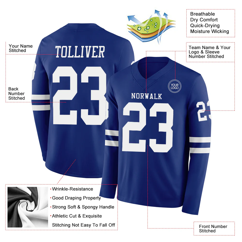Custom Royal White Long Sleeve Authentic Football Jersey