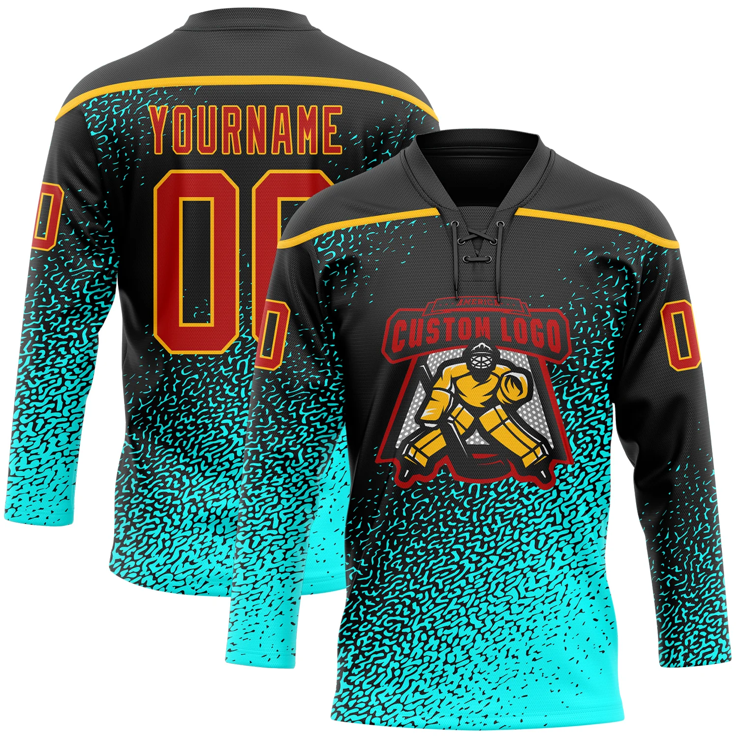Custom Black Red Blue-Gold 3D Pattern Abstract Gradient Halftone Hockey Lace Neck Jersey