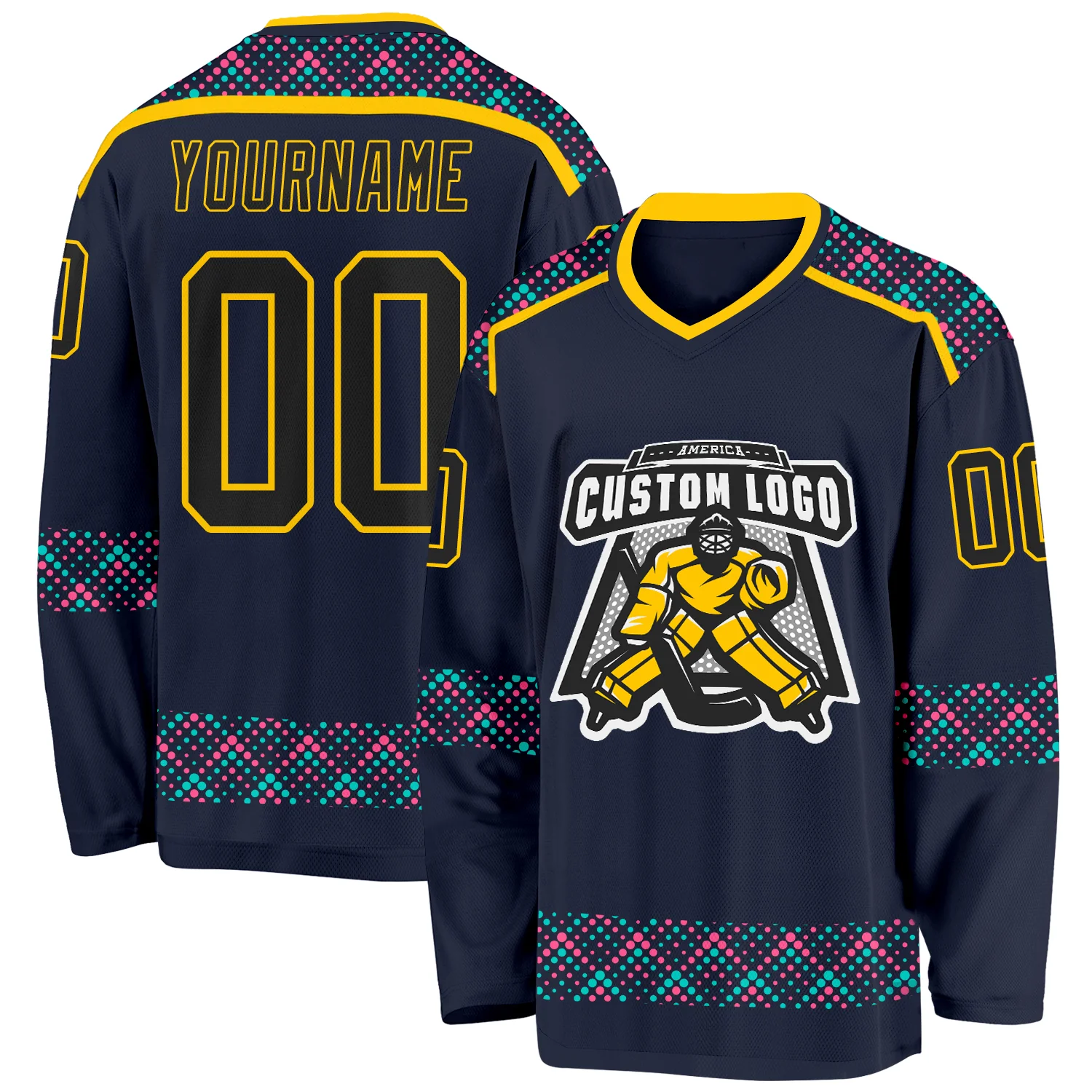 Custom Navy Black Yellow Pink-Ice Blue 3D Pattern Plaid Hockey Jersey