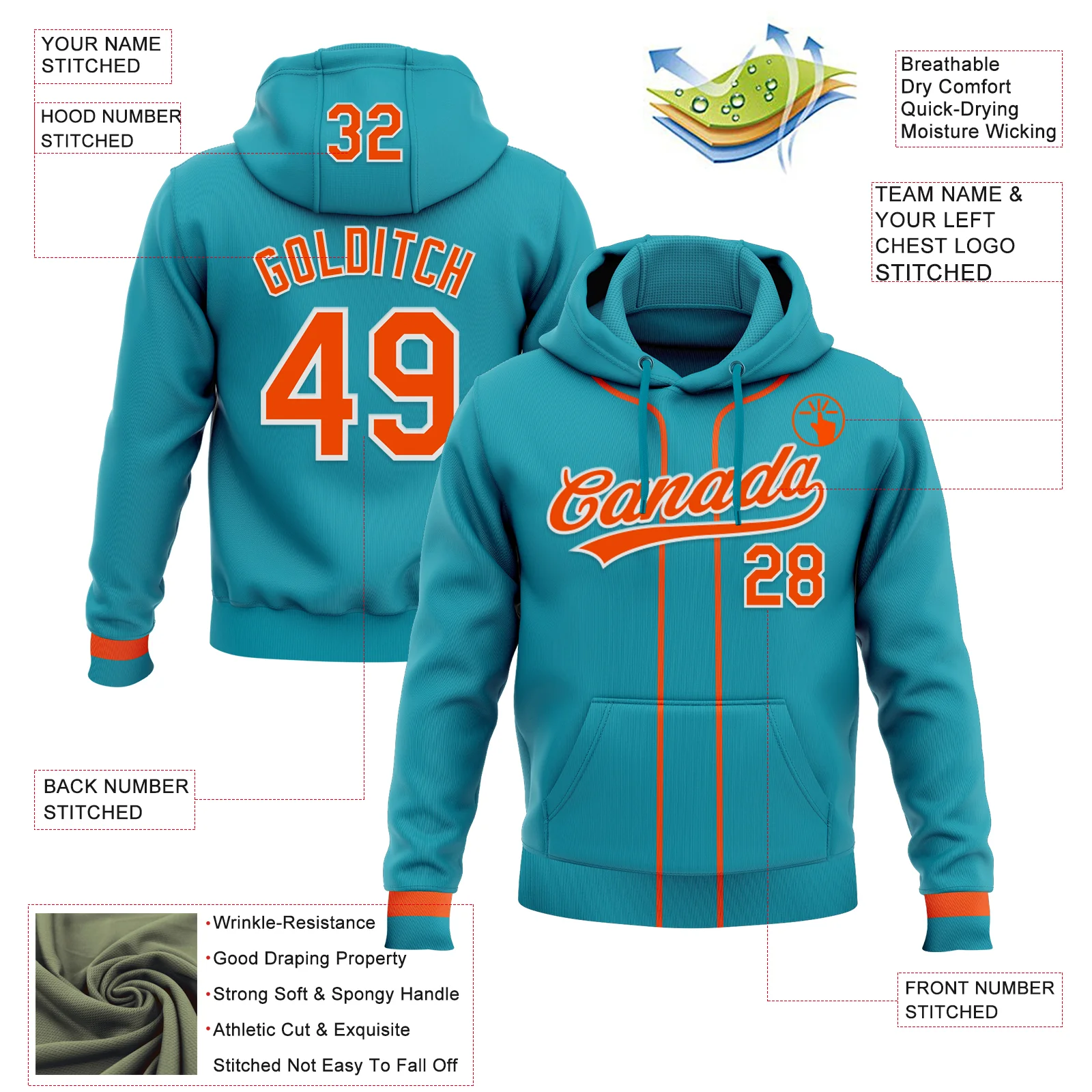 Custom Stitched Teal Orange-White Baseball Pullover Sweatshirt Hoodie