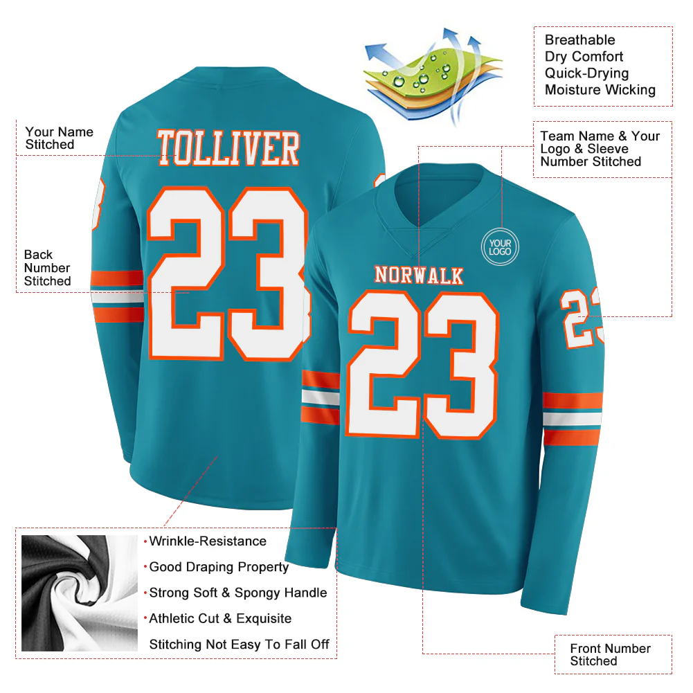 Custom Teal White-Orange Long Sleeve Authentic Football Jersey
