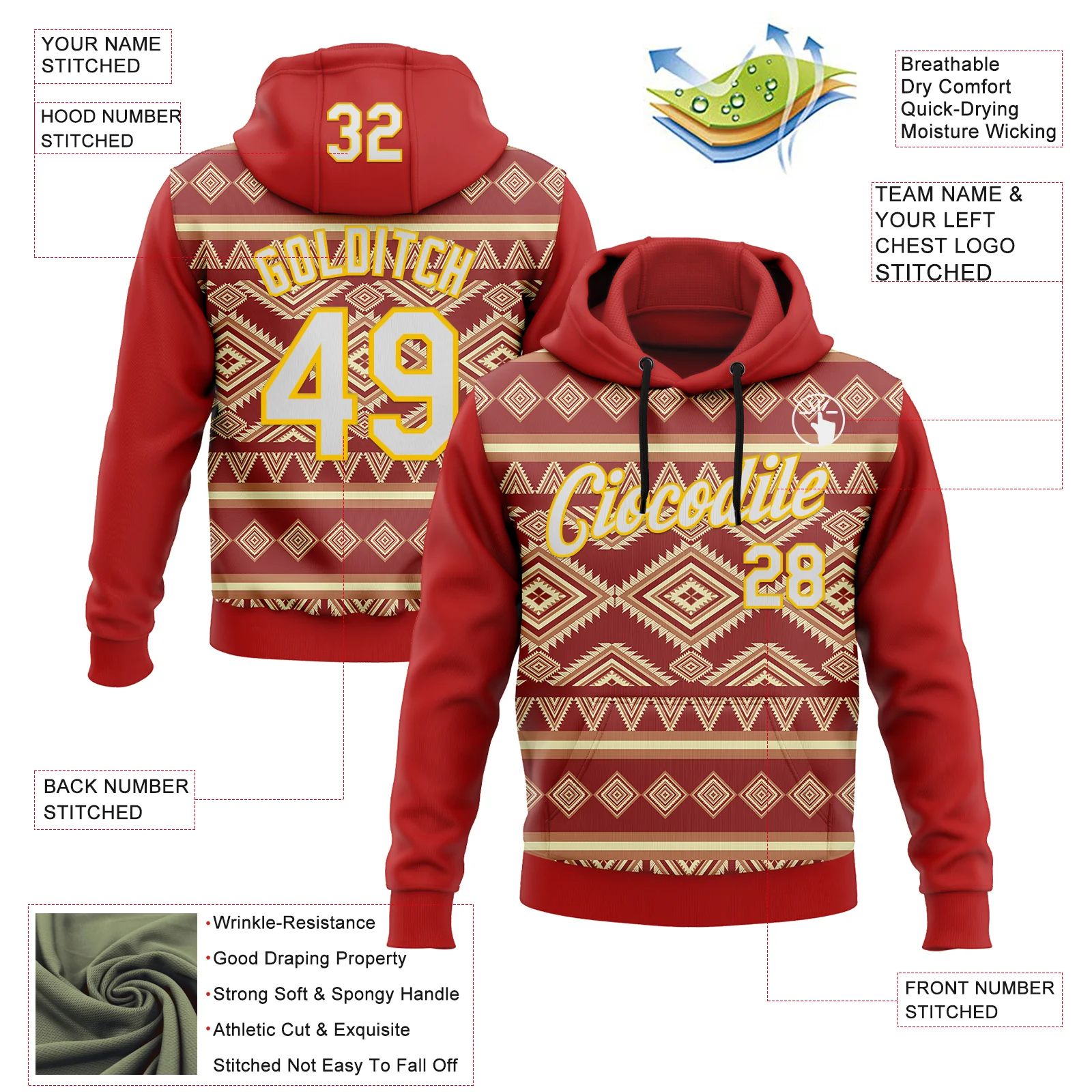 Custom Stitched Red White-Yellow 3D Pattern Design Tribal Ethnic Native American Sports Pullover Sweatshirt Hoodie
