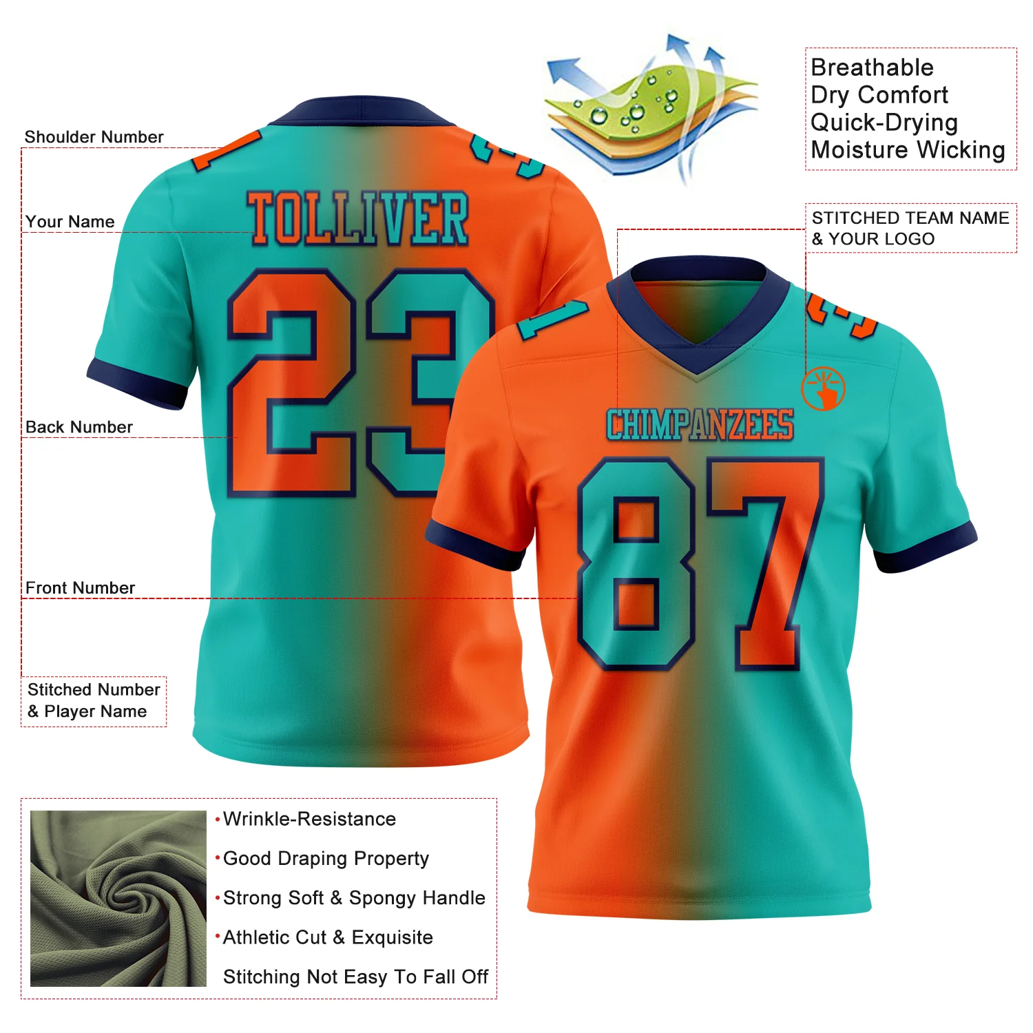 Custom Aqua Orange-Navy Authentic Gradient Fashion Football Jersey