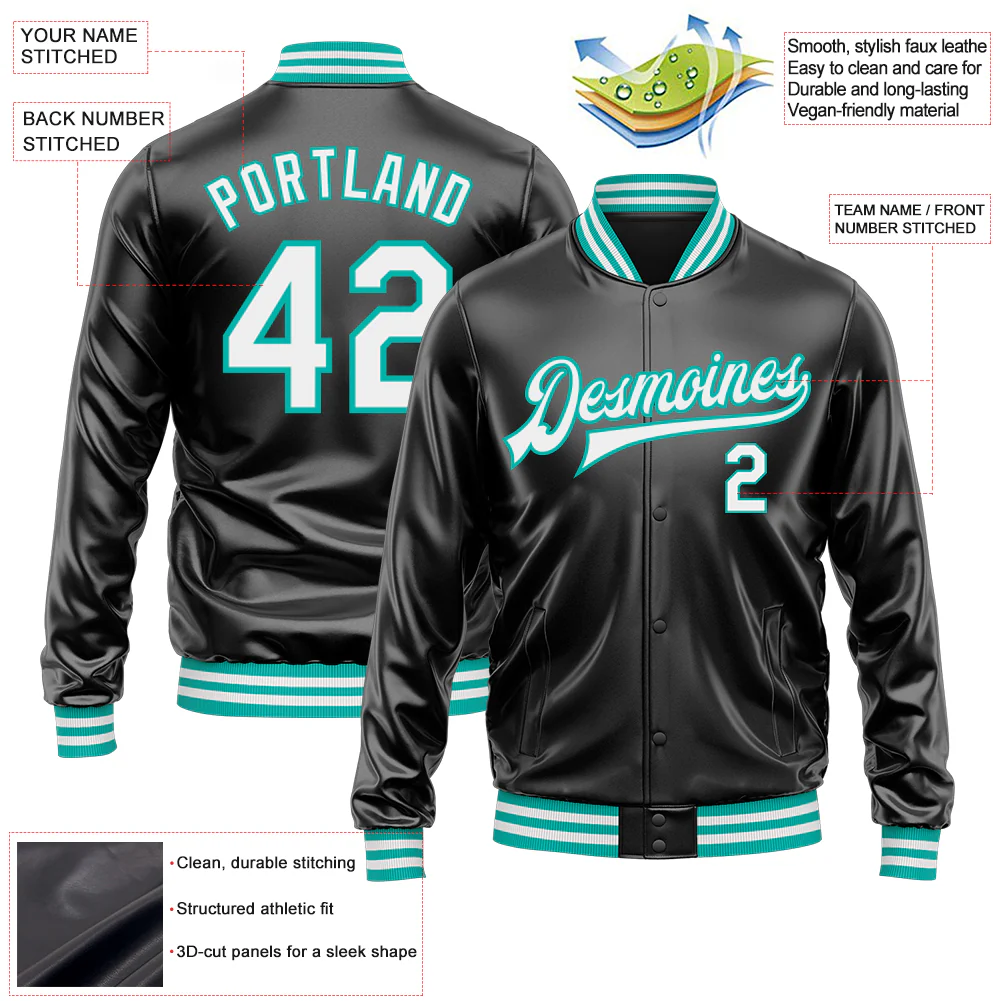 Custom Black White-Aqua Bomber Full-Snap Varsity Faux Leather Letterman Jacket