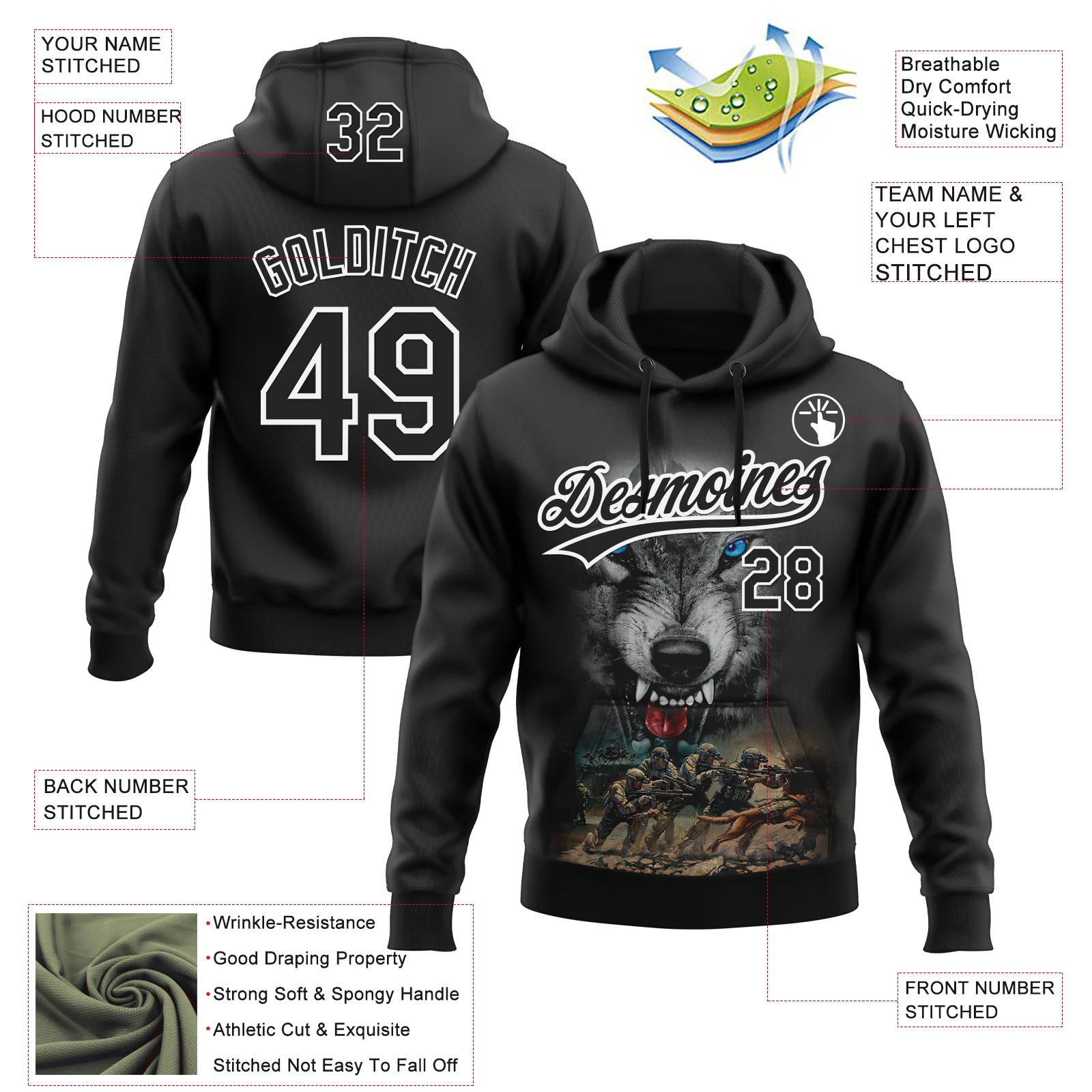 Custom Stitched Black Black-White 3D Pattern Design Wolf Sports Pullover Sweatshirt Hoodie