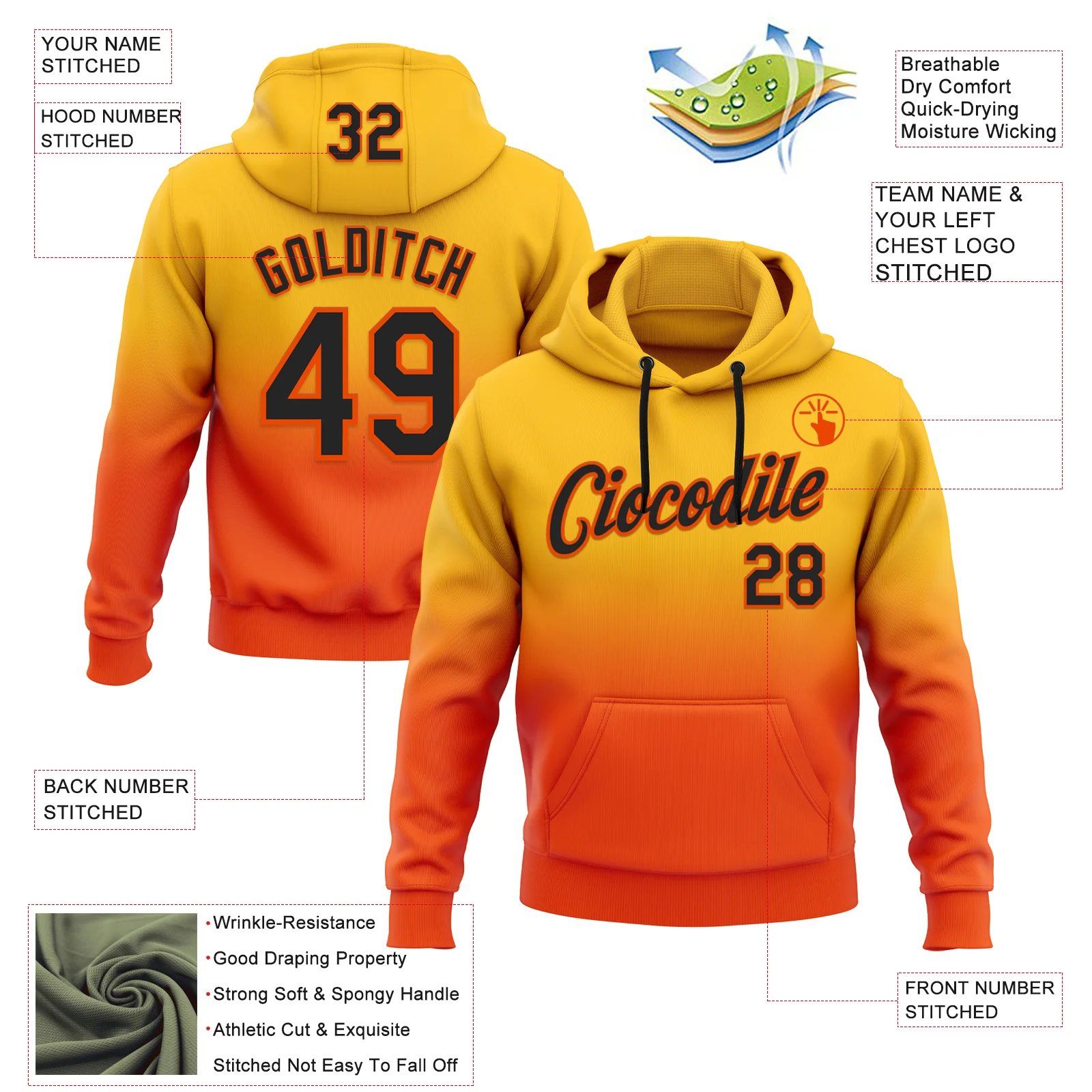 Custom Stitched Gold Black-Orange Fade Fashion Sports Pullover Sweatshirt Hoodie