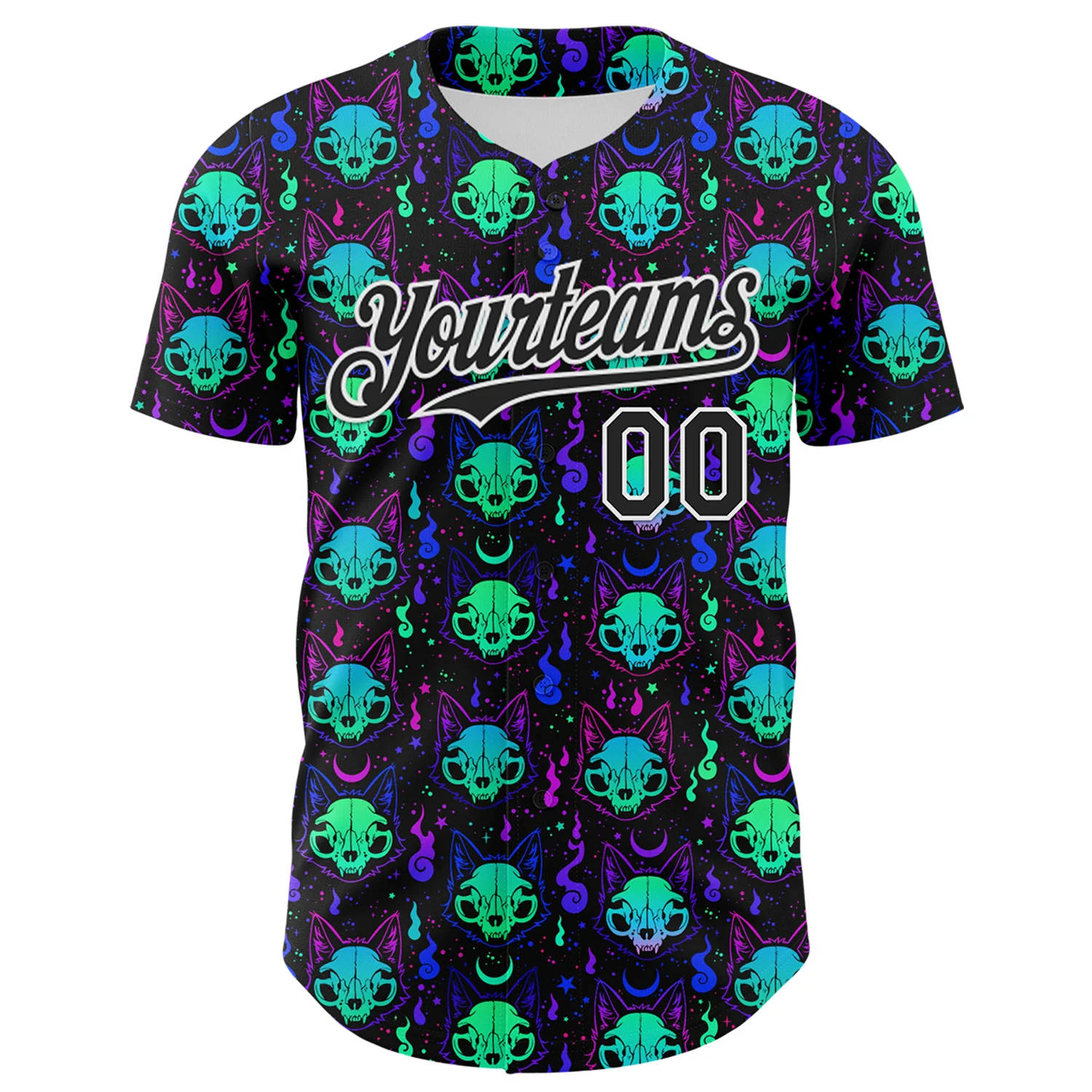 Custom Black White 3D Pattern Design Rave Psychedelic Neon Cat Skull Authentic Baseball Jersey