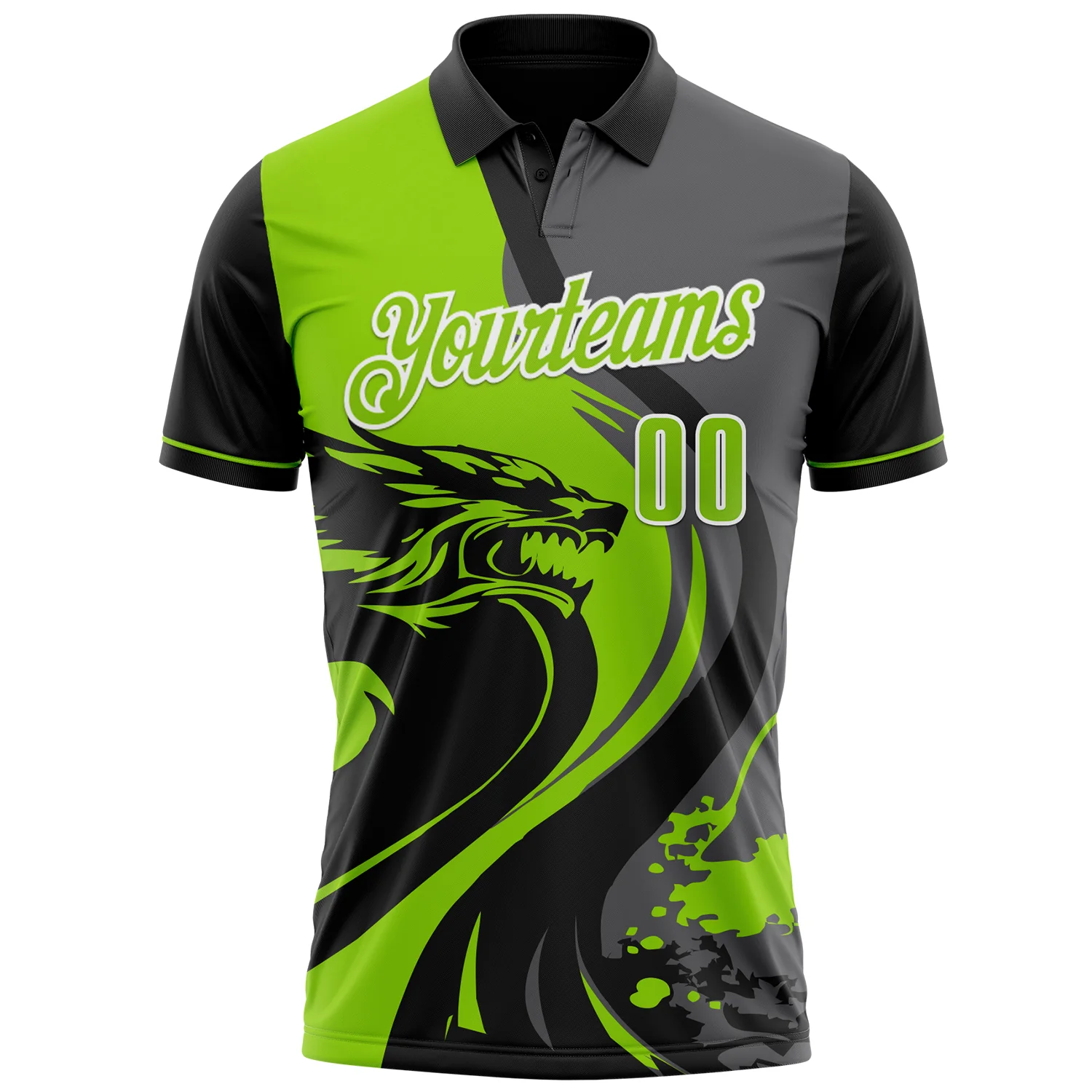 Custom Black Neon Green Steel Gray-White 3D Pattern Design Animal Wolf And Splash Performance Polo Shirt