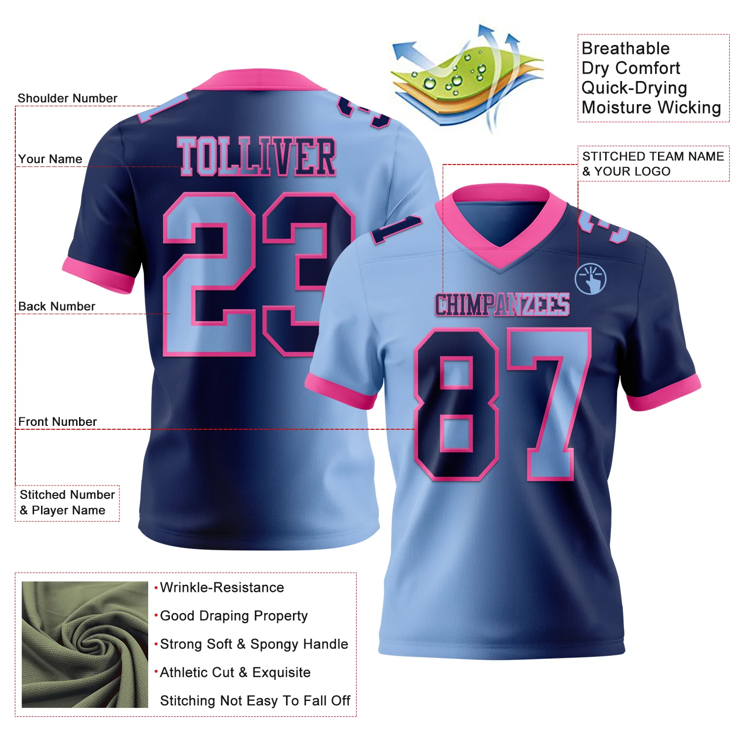 Custom Navy Light Blue-Pink Authentic Gradient Fashion Football Jersey