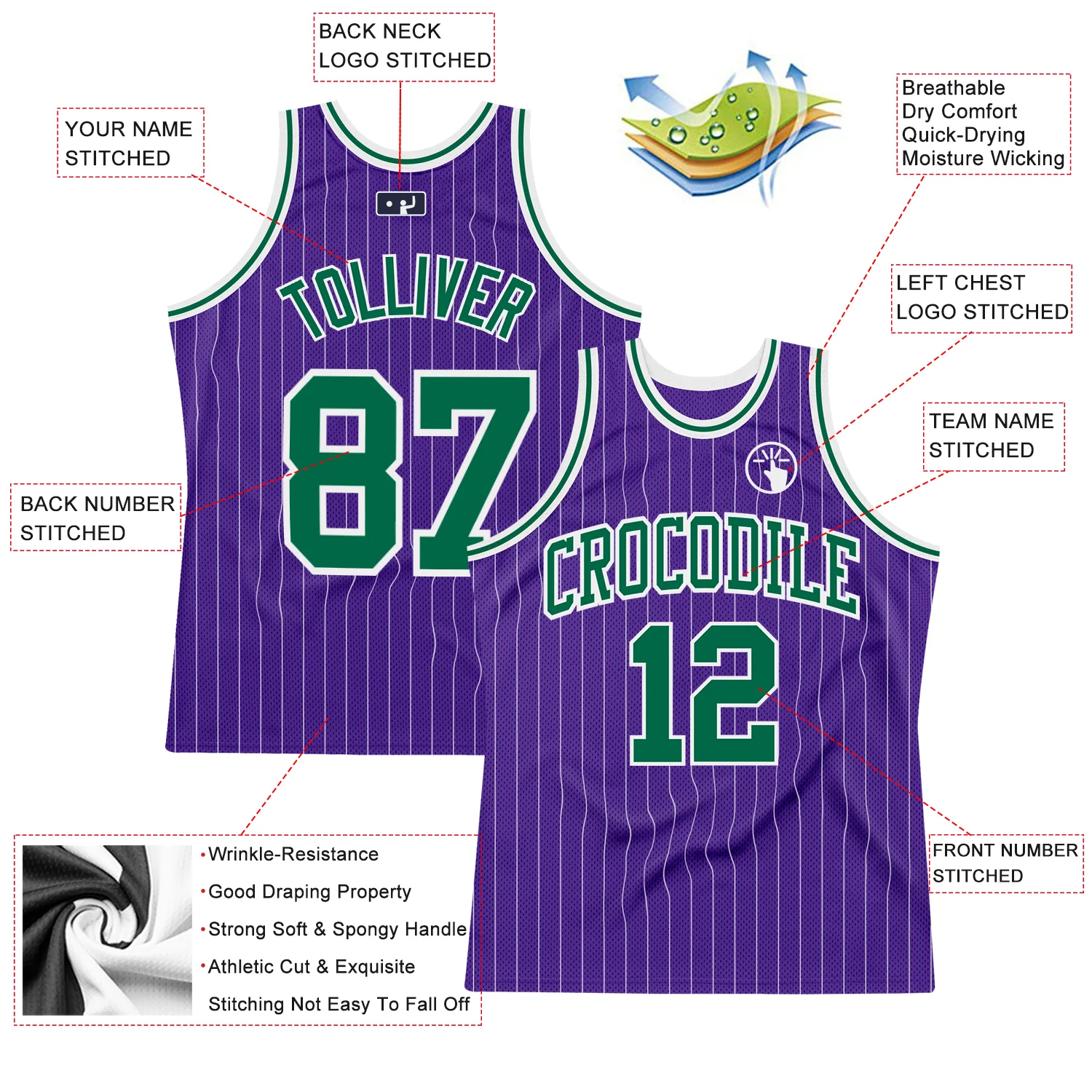 Custom Purple White Pinstripe Kelly Green Authentic Basketball Jersey