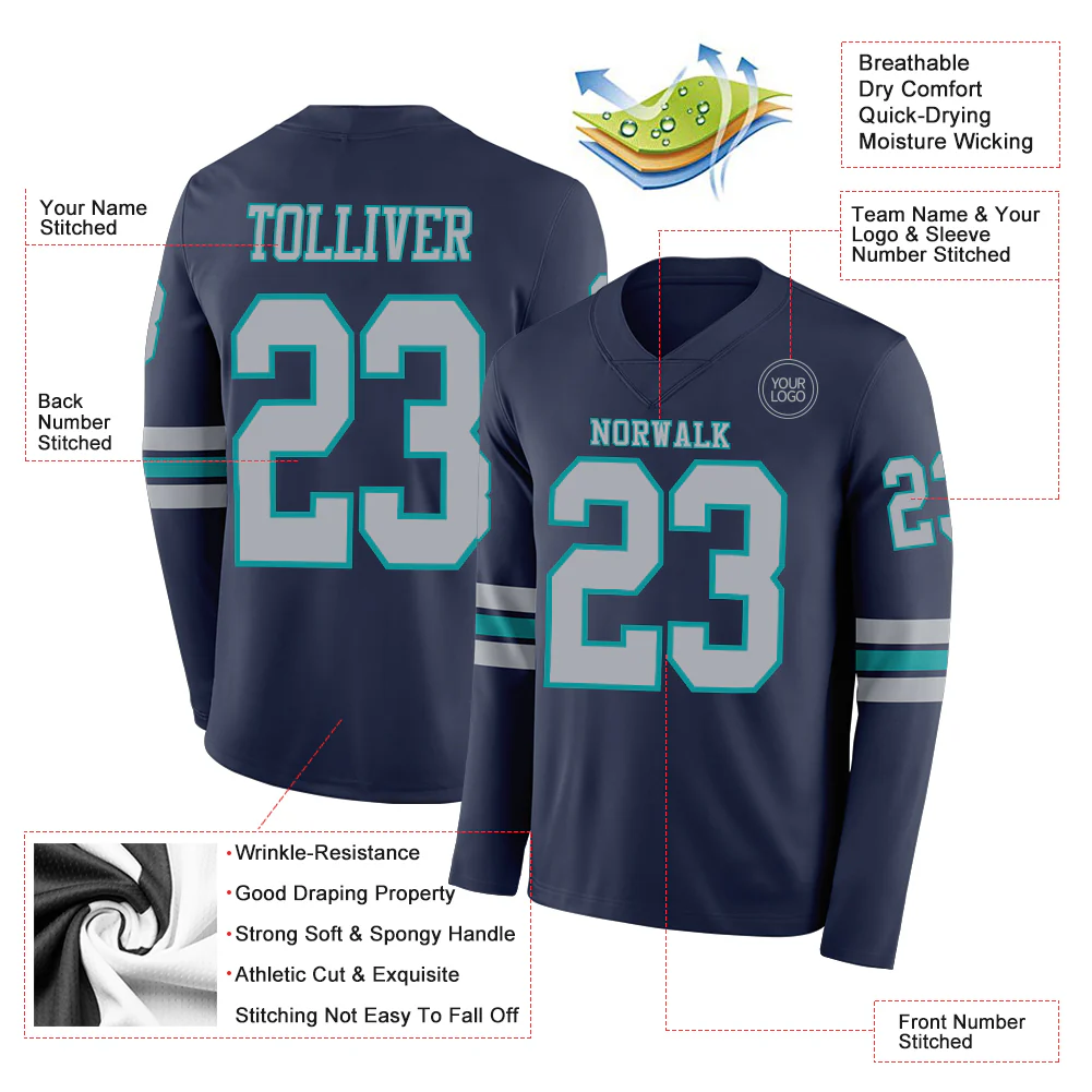 Custom Navy Gray-Teal Long Sleeve Authentic Football Jersey