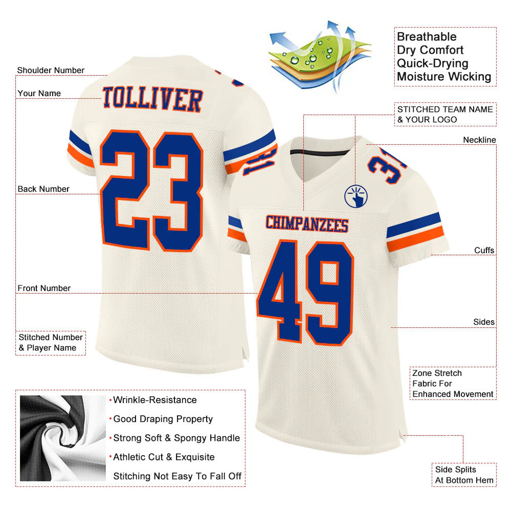 Custom Cream Royal-Orange Mesh Authentic Football Jersey