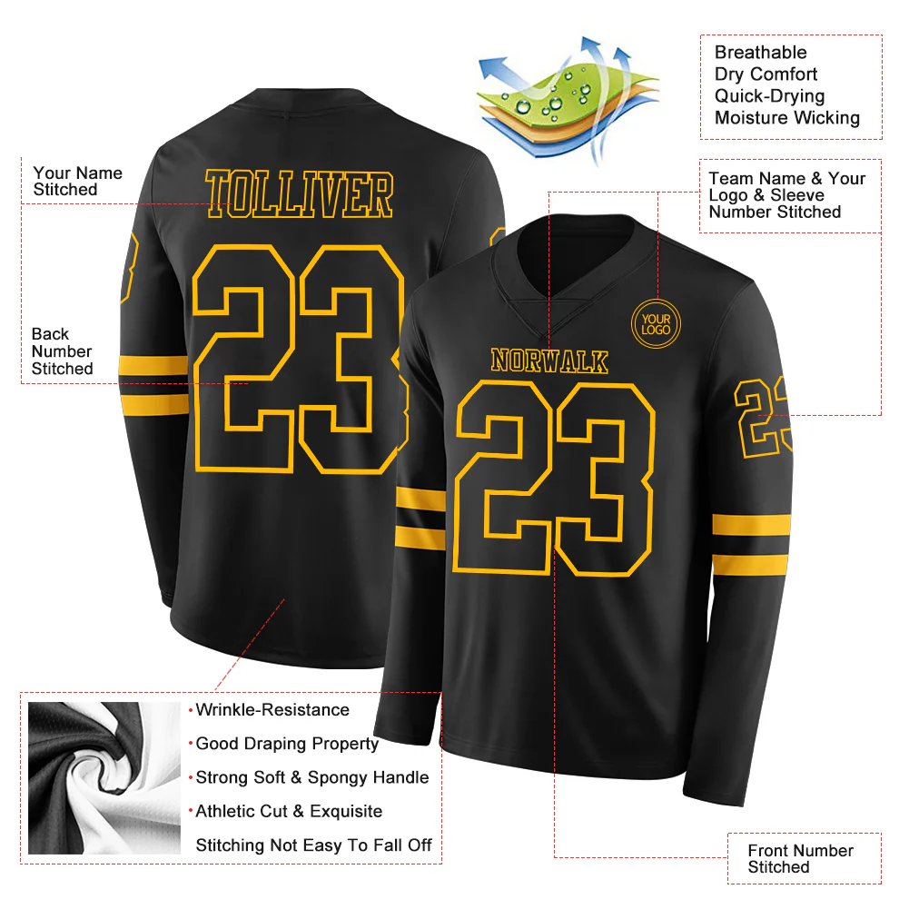 Custom Black Gold Long Sleeve Authentic Football Jersey