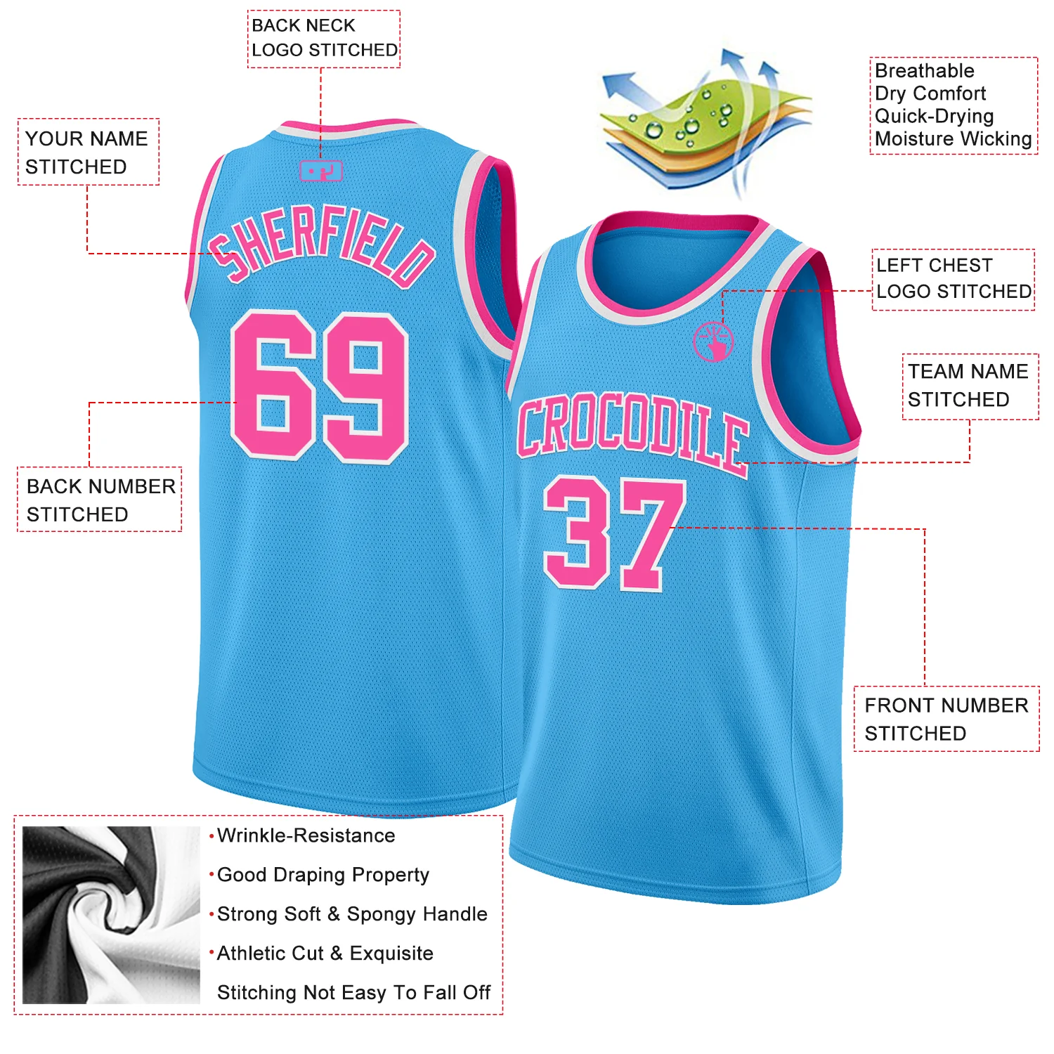 Custom Sky Blue Pink-White Authentic Basketball Jersey