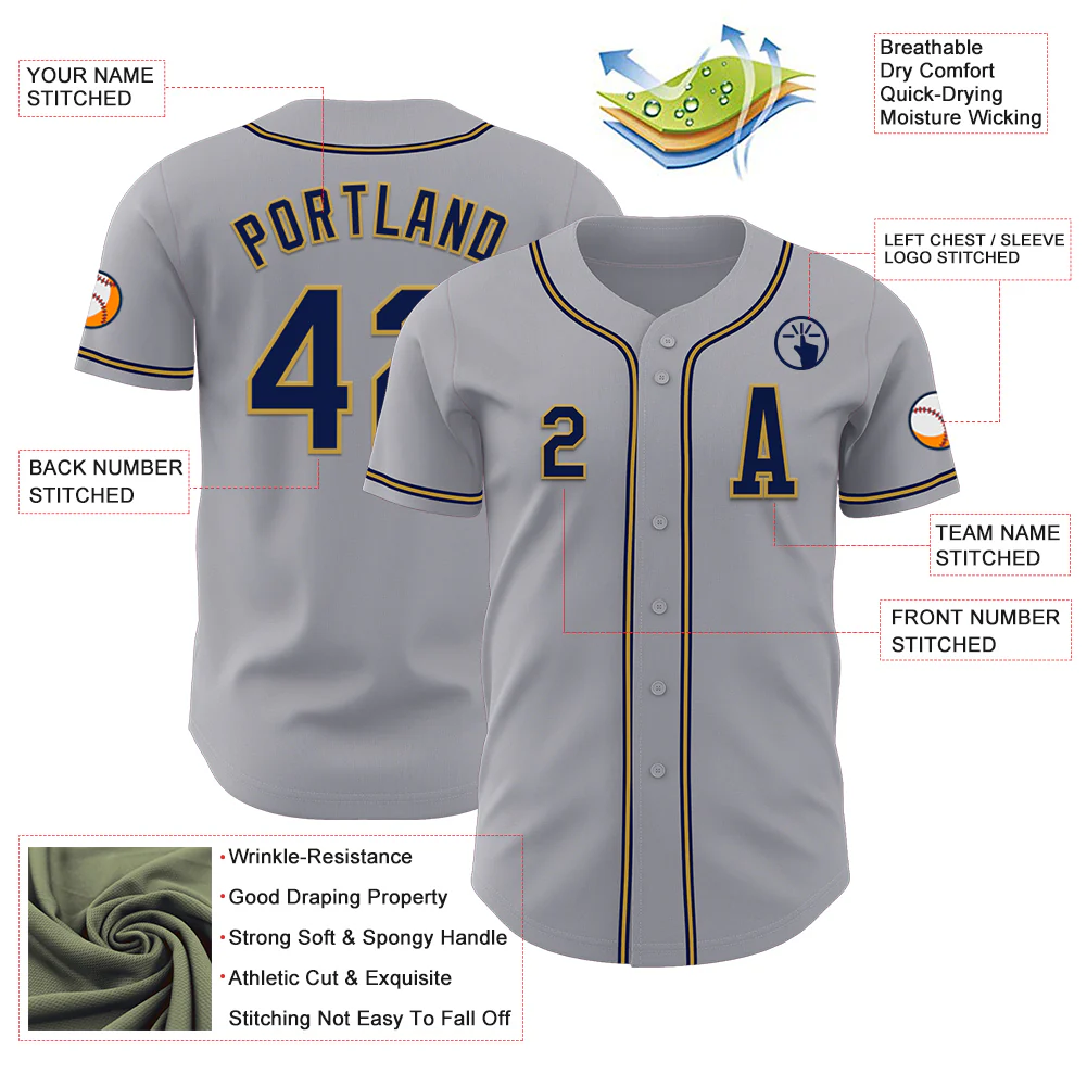 Custom Gray Navy-Old Gold Authentic Baseball Jersey