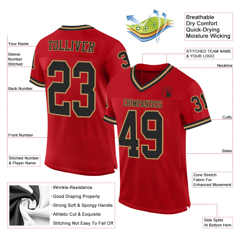 Custom Red Black-Old Gold Mesh Authentic Throwback Football Jersey