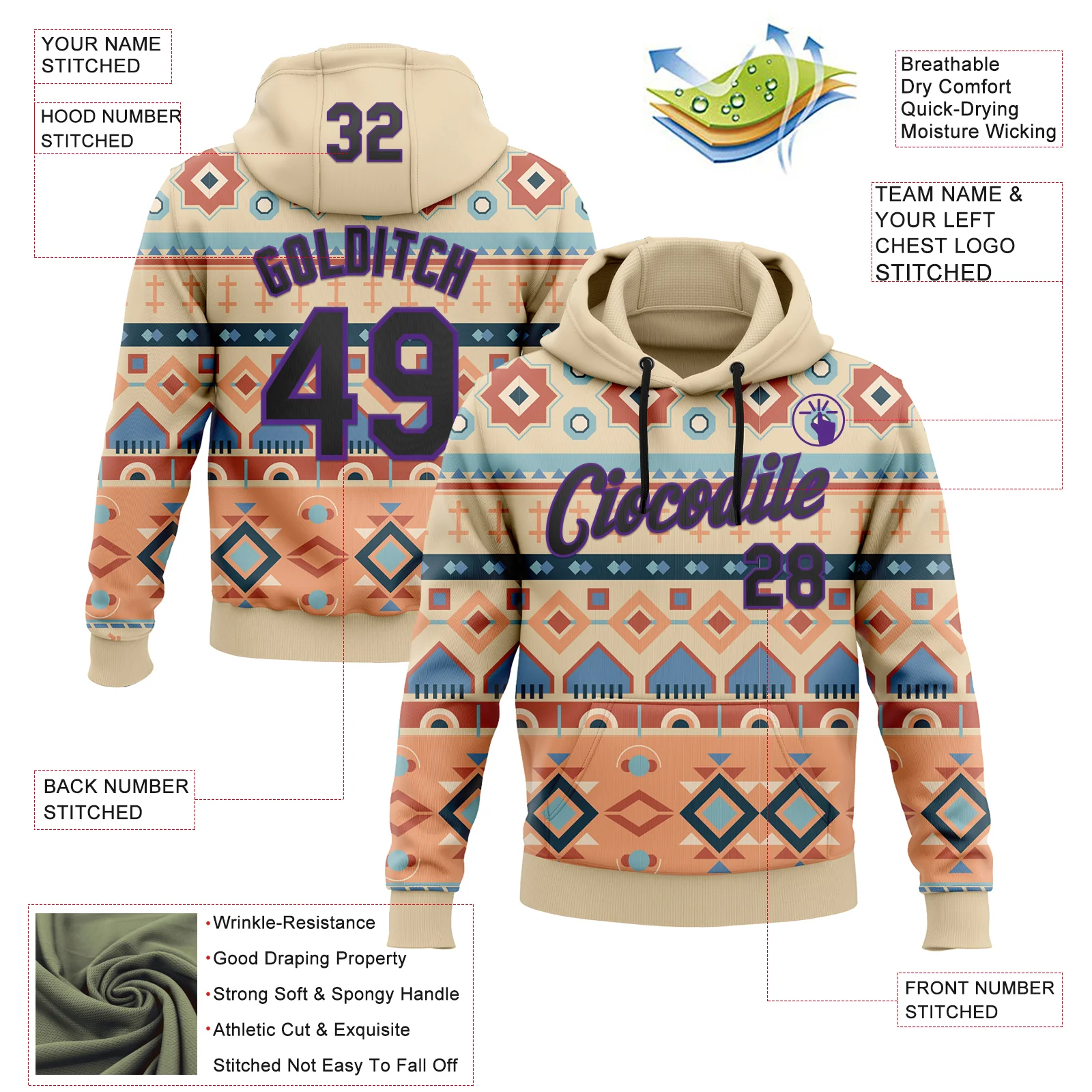 Custom Stitched City Cream Black-Purple 3D Pattern Design Tribal Ethnic Native American Sports Pullover Sweatshirt Hoodie