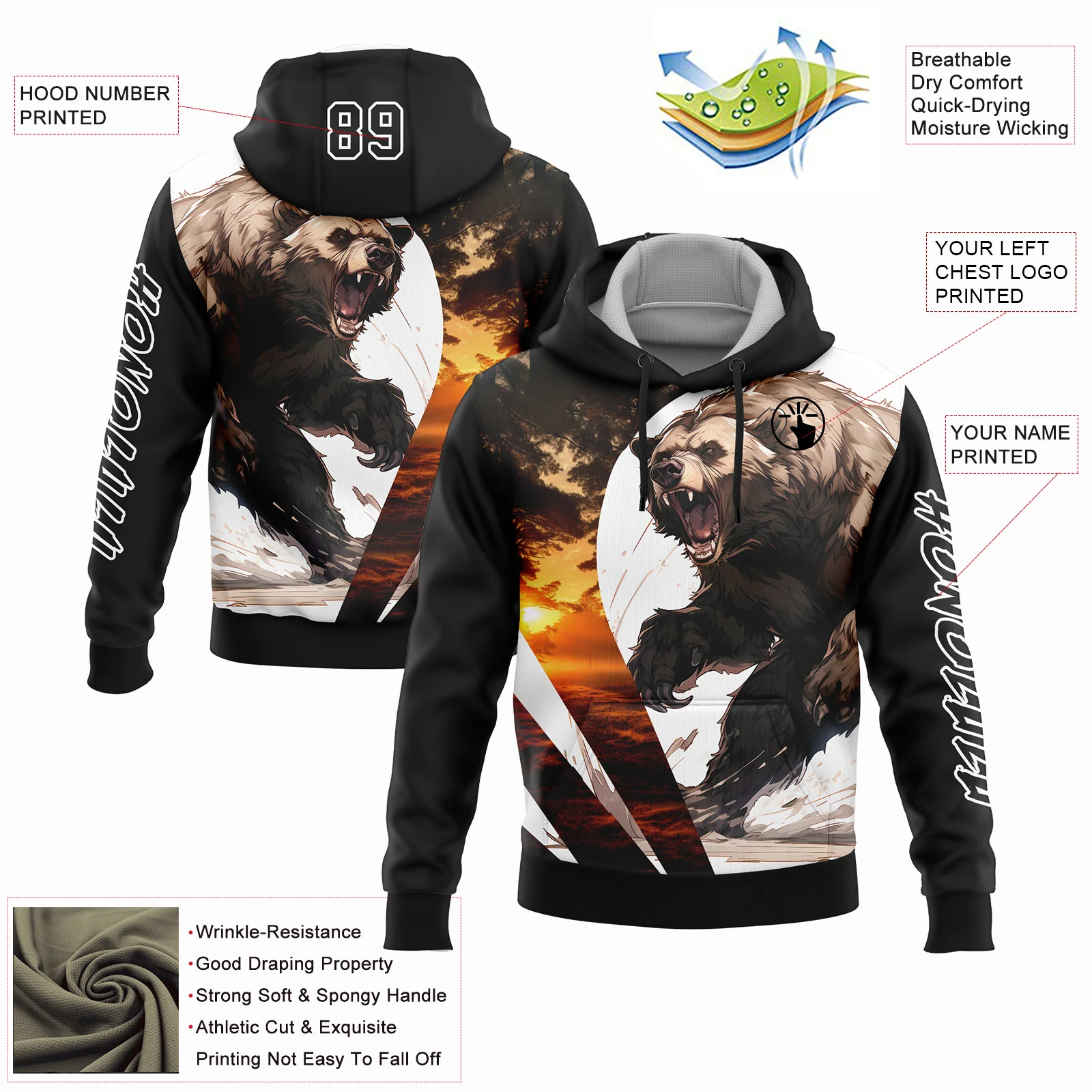 Custom Black White 3D Bear Hunting Sports Pullover Sweatshirt Hoodie