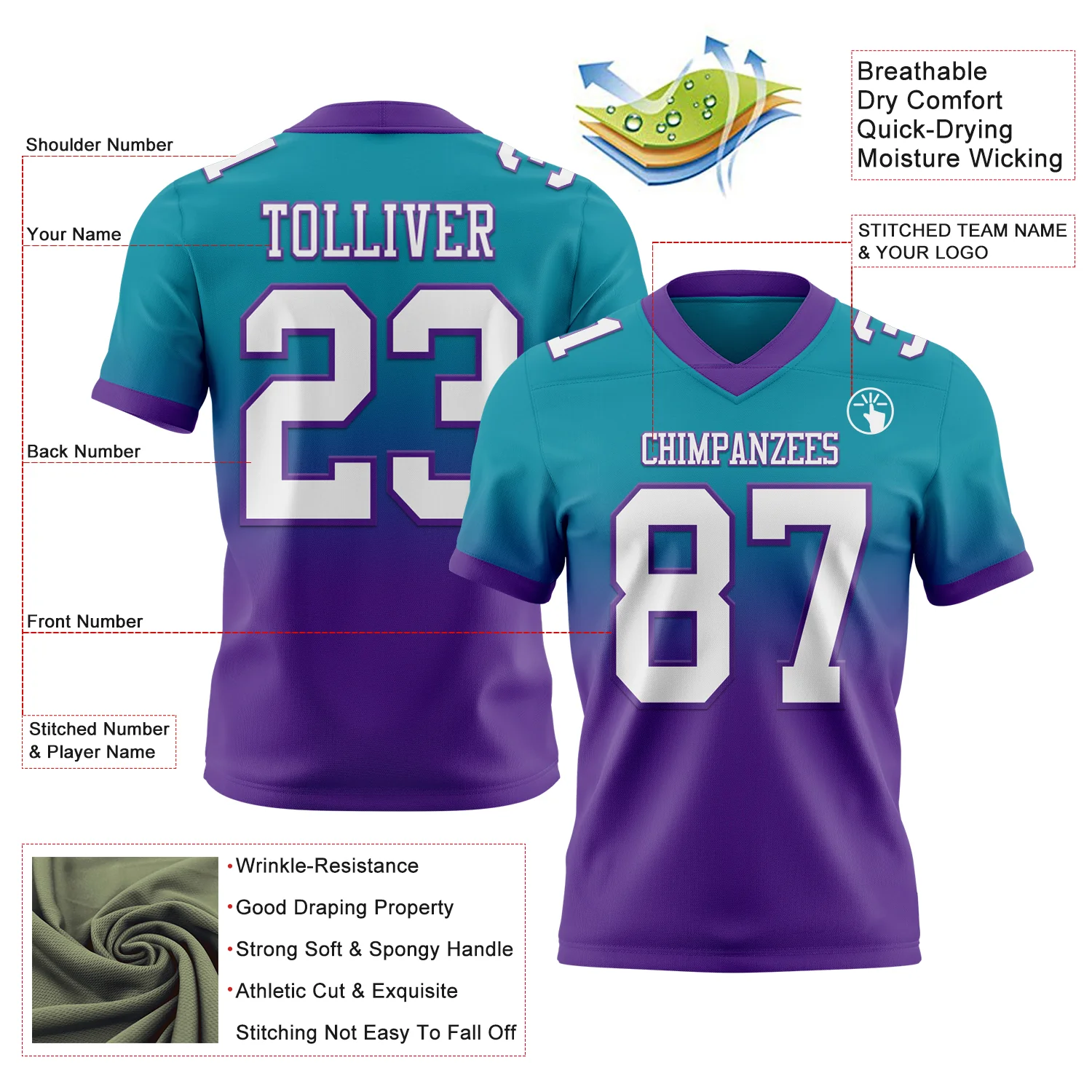 Custom Teal White-Purple Authentic Fade Fashion Football Jersey