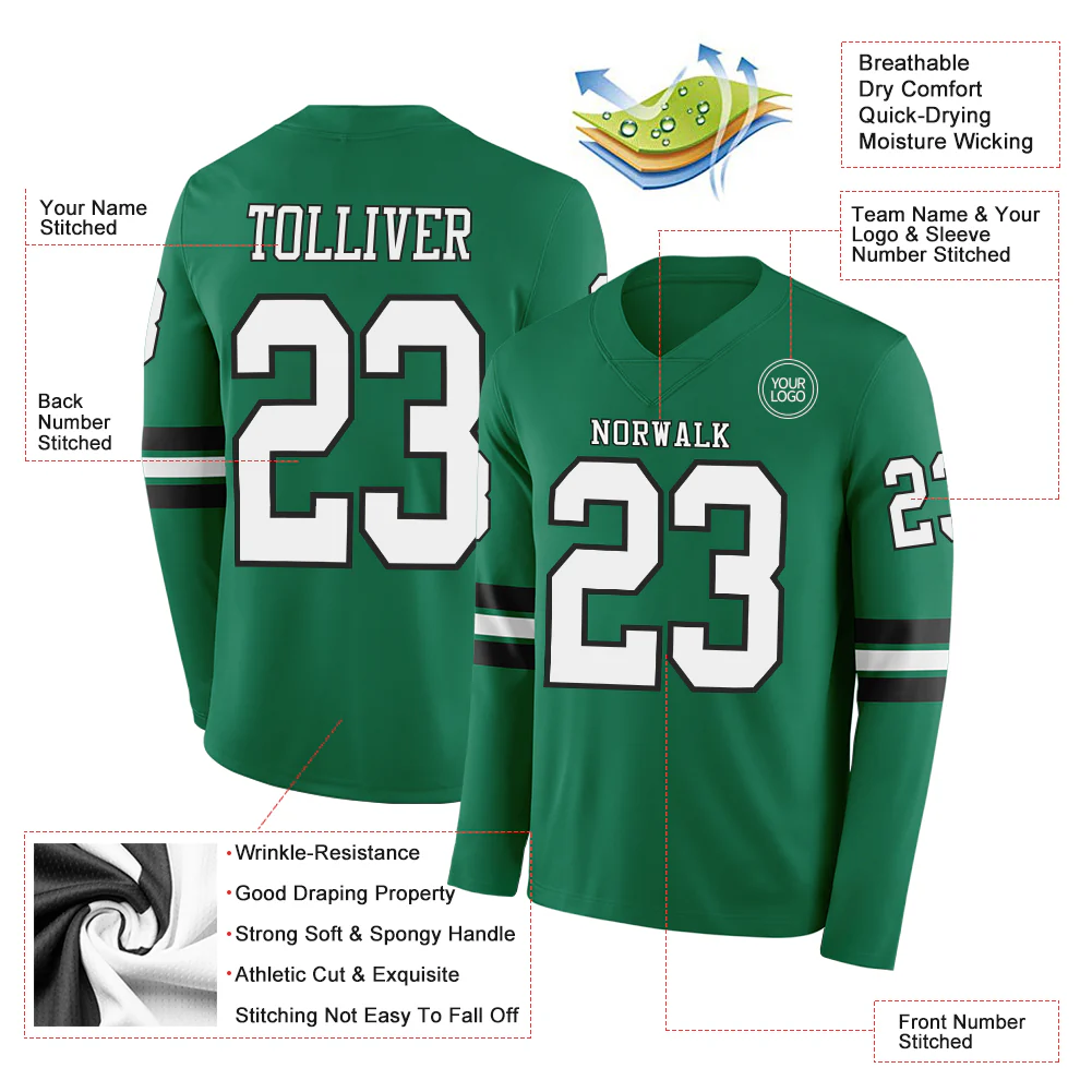 Custom Kelly Green White-Black Long Sleeve Authentic Football Jersey