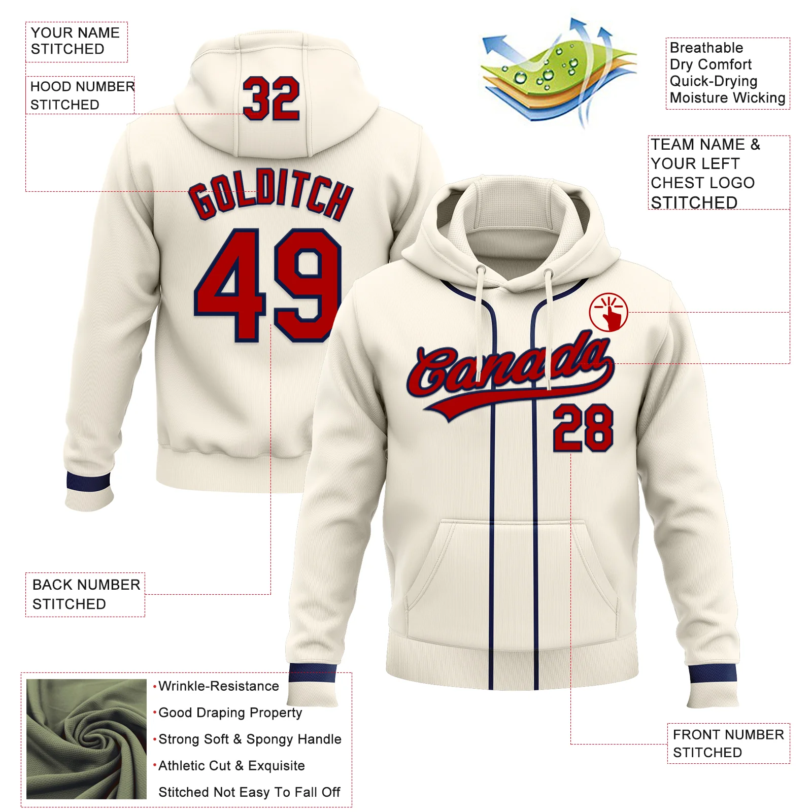 Custom Stitched Cream Red-Navy Baseball Pullover Sweatshirt Hoodie