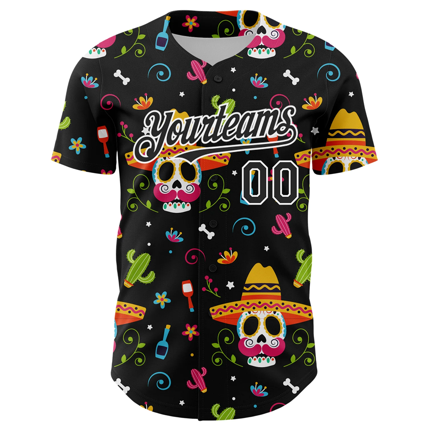 Custom Black White 3D Mexican Festival Flower Skull With Sombrero Cinco de Mayo Authentic Baseball Jersey
