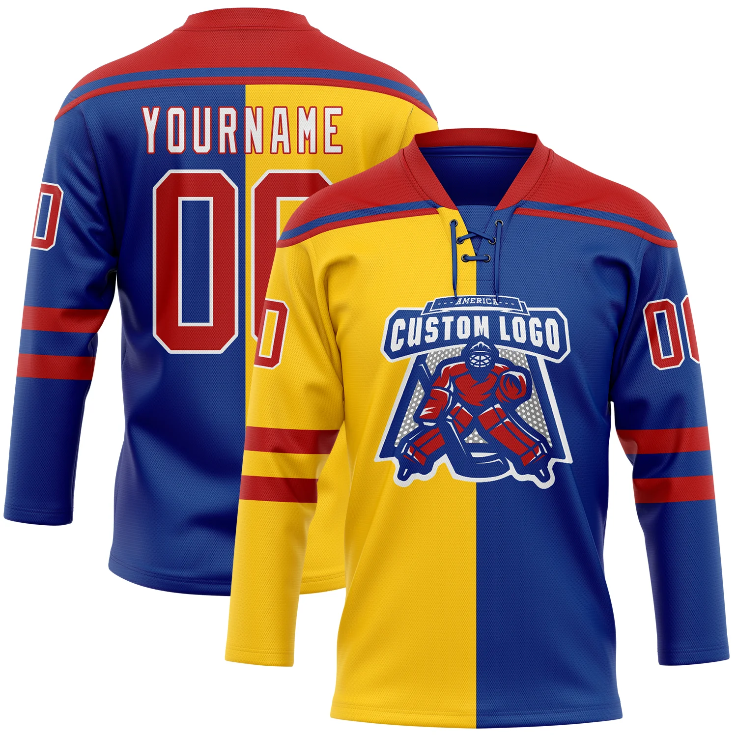 Custom Royal Red Yellow-White Split Fashion Hockey Lace Neck Jersey