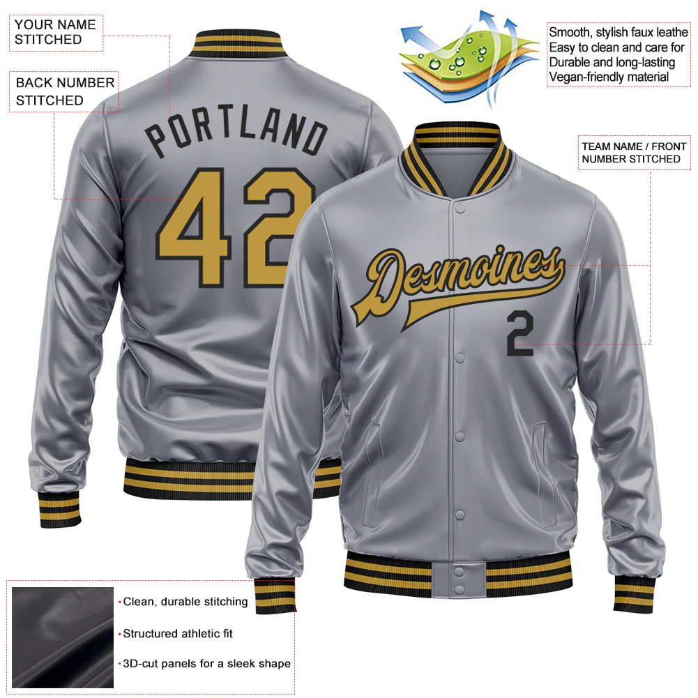 Custom Gray Old Gold-Black Bomber Full-Snap Varsity Faux Leather Letterman Jacket