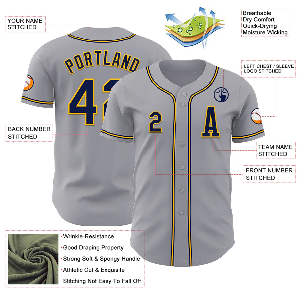 Custom Gray Navy-Gold Authentic Baseball Jersey