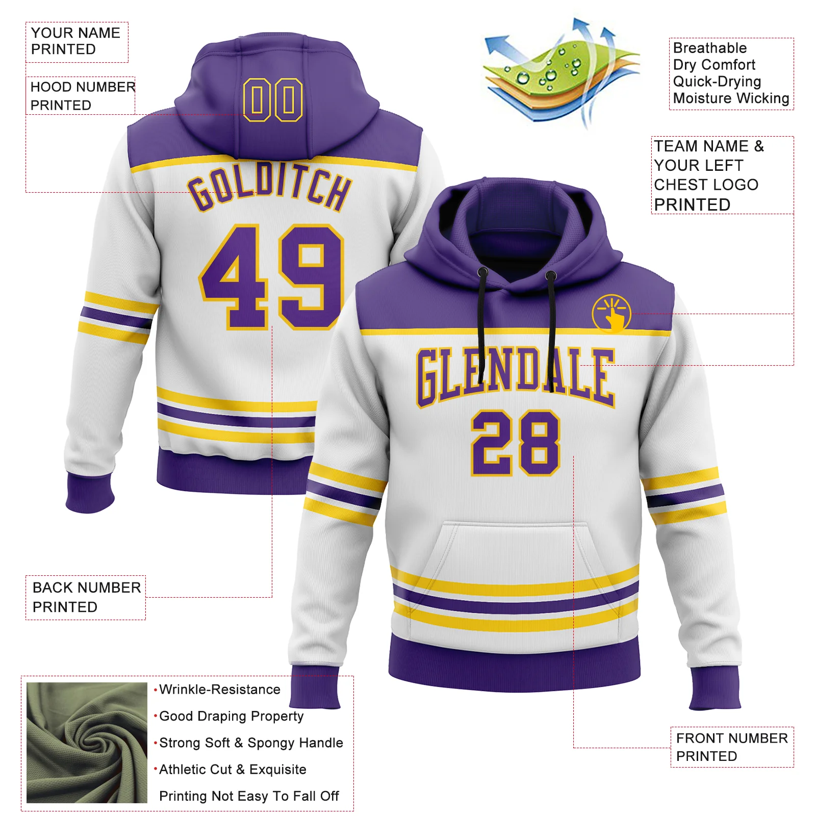 Custom White Purple-Yellow 3D Pattern Design Game Day Los Angeles Inspired Sports Pullover Sweatshirt Hoodie