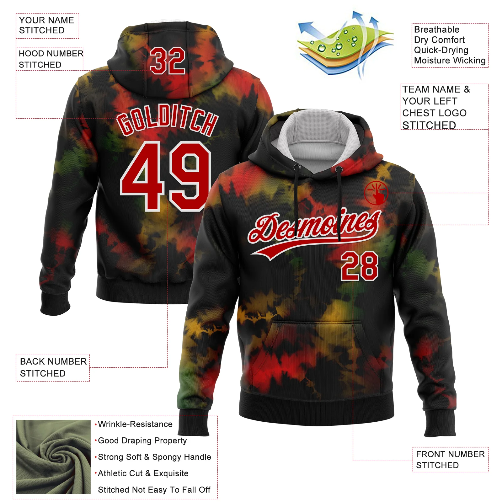 Custom Stitched Tie Dye Red-White 3D Sports Pullover Sweatshirt Hoodie