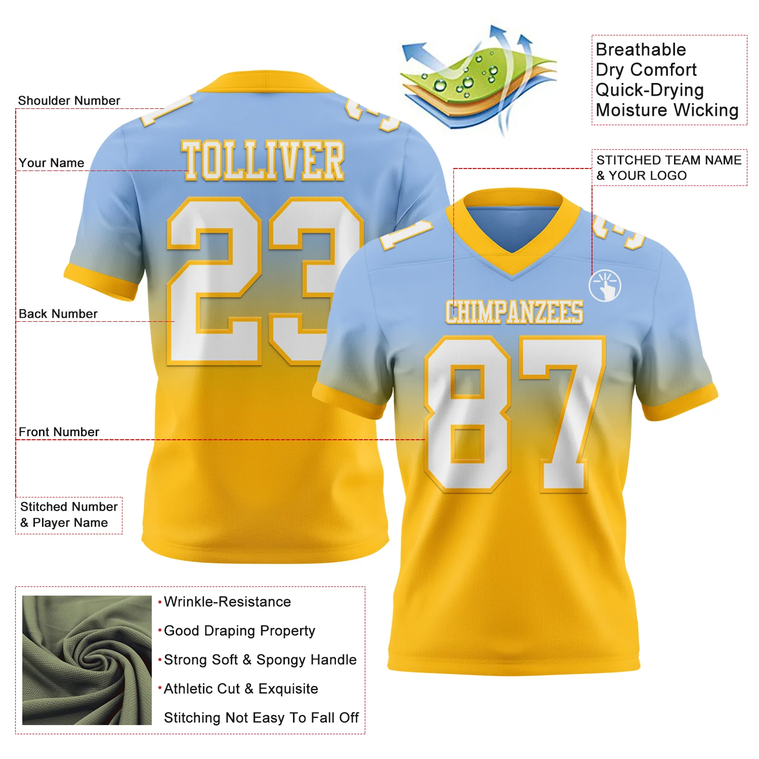 Custom Light Blue White-Gold Authentic Fade Fashion Football Jersey