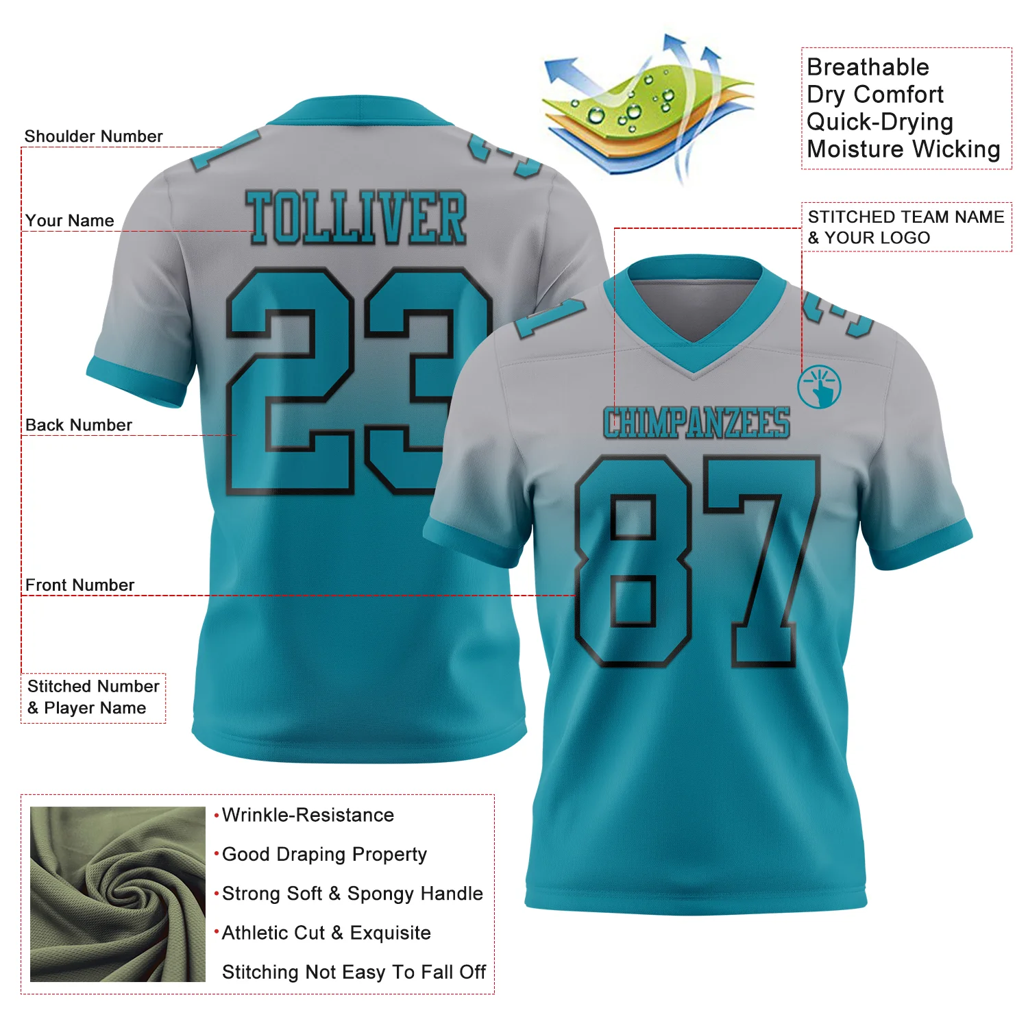 Custom Gray Teal-Black Authentic Fade Fashion Football Jersey