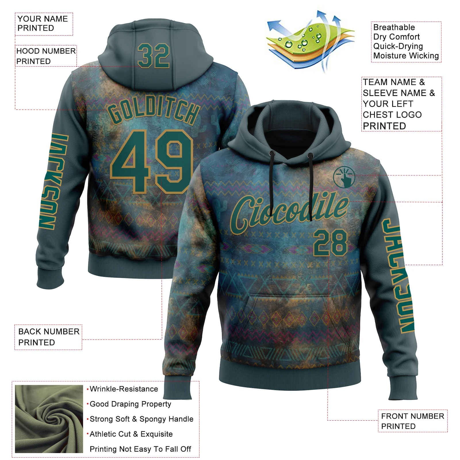 Custom Green Midnight Green-Old Gold 3D Pattern Design Ethnic Tribal Sportswear Pullover Sweatshirt Hoodie