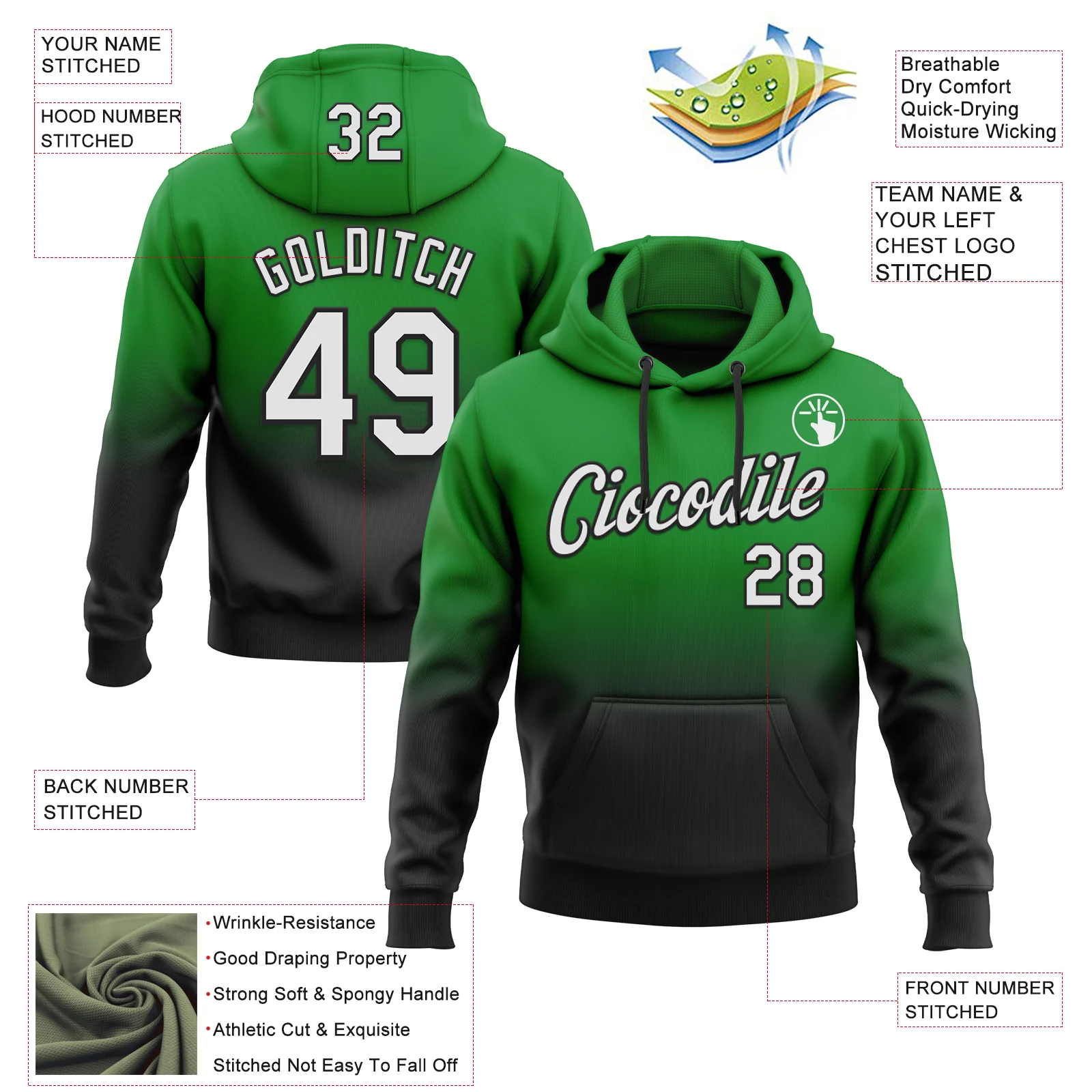 Custom Stitched Grass Green White-Black Fade Fashion Sports Pullover Sweatshirt Hoodie