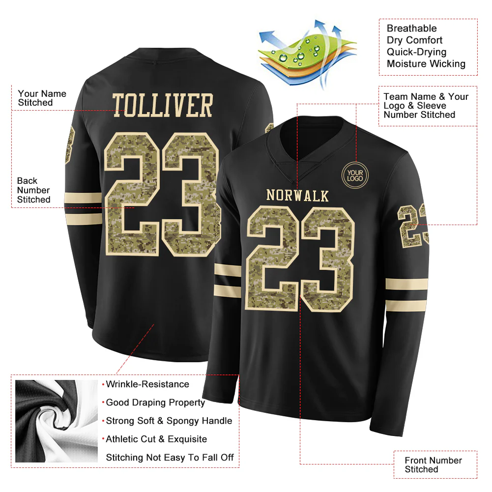 Custom Black Camo-Cream Long Sleeve Authentic Football Jersey
