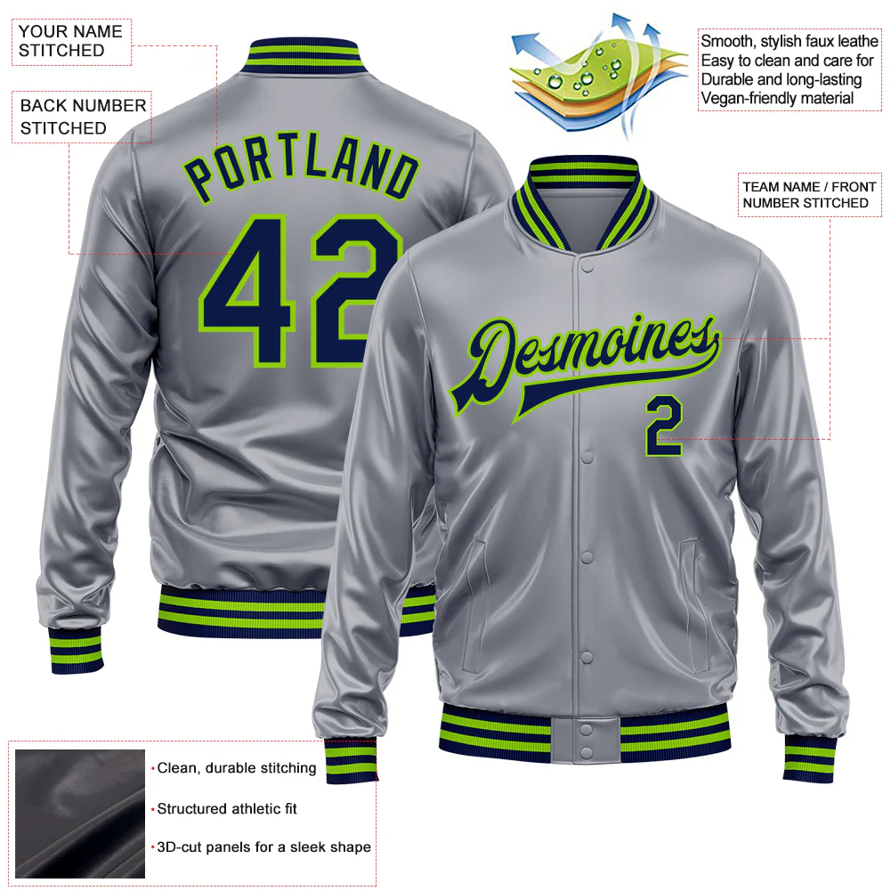 Custom Gray Navy-Neon Green Bomber Full-Snap Varsity Faux Leather Letterman Jacket