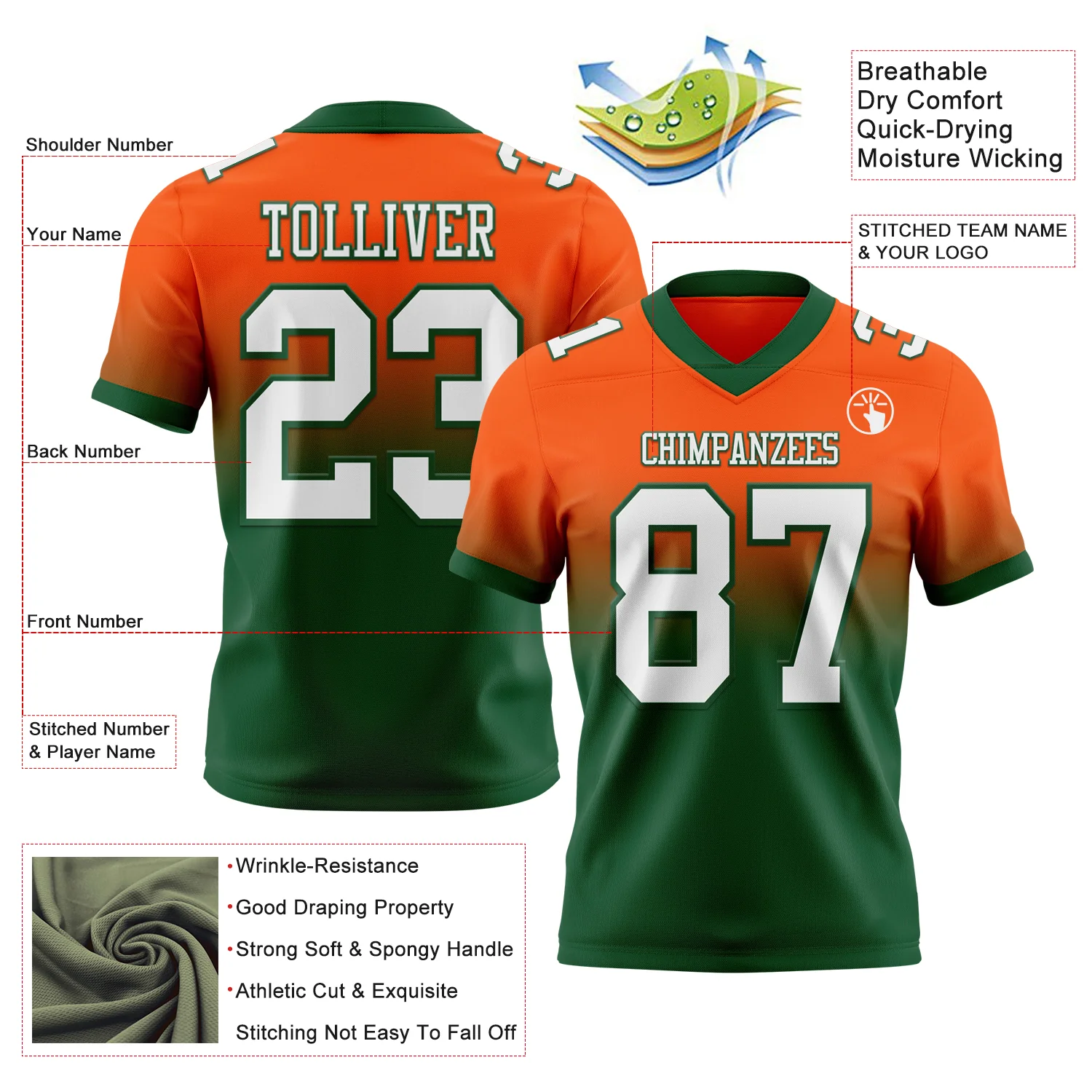 Custom Orange White-Green Authentic Fade Fashion Football Jersey