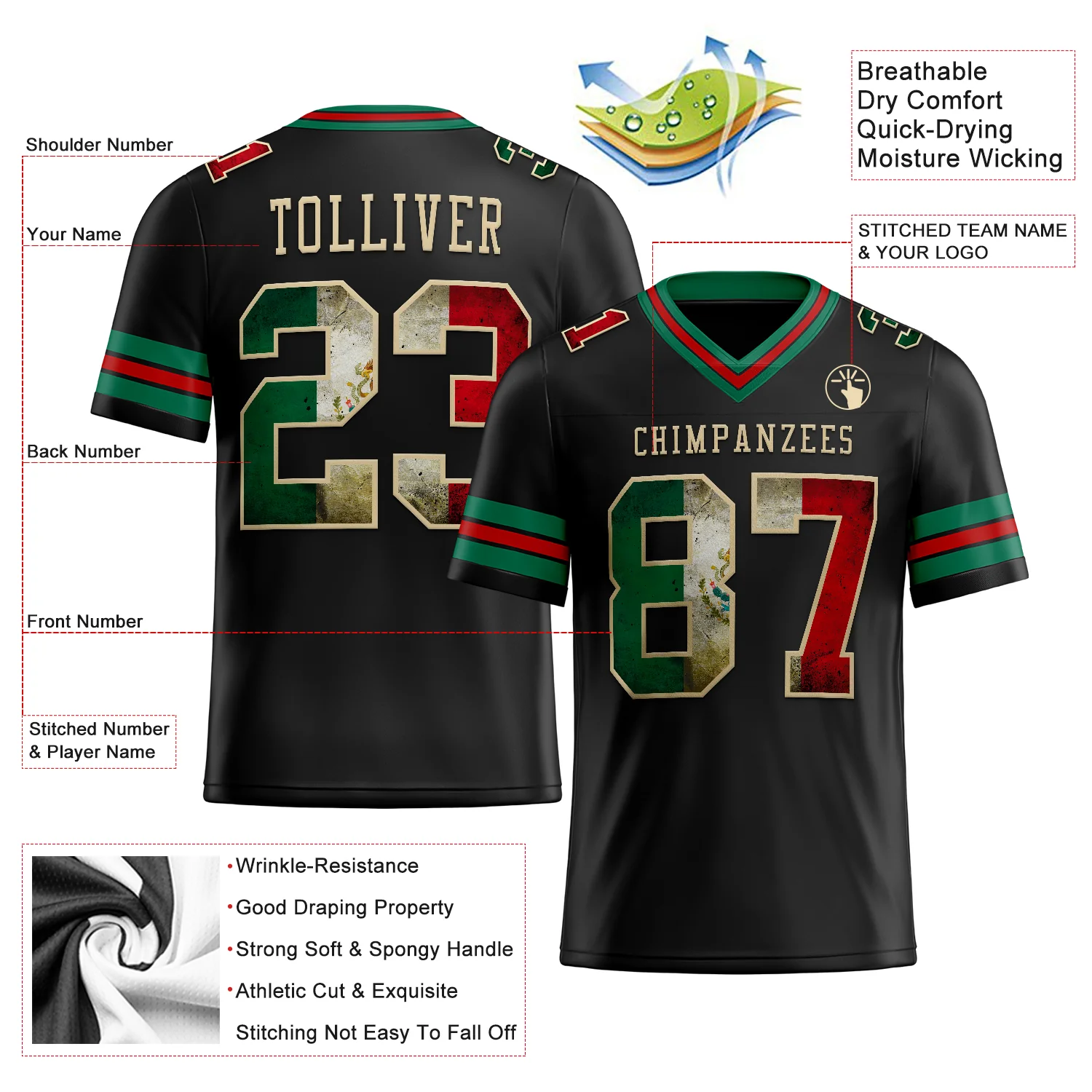 Custom Black Vintage Mexican Flag Kelly Green Red-City Cream Authentic Football Jersey