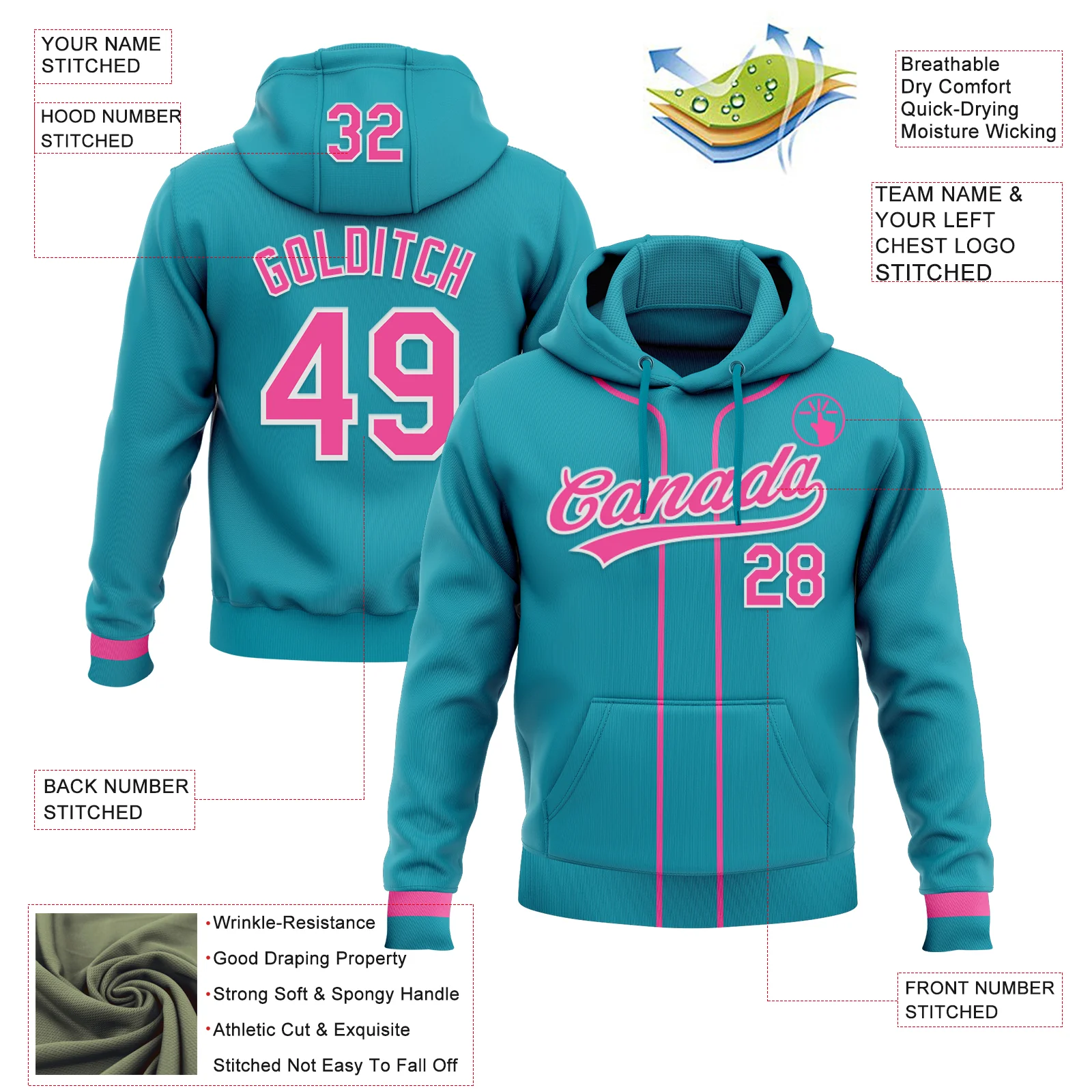 Custom Stitched Teal Pink-White Baseball Pullover Sweatshirt Hoodie