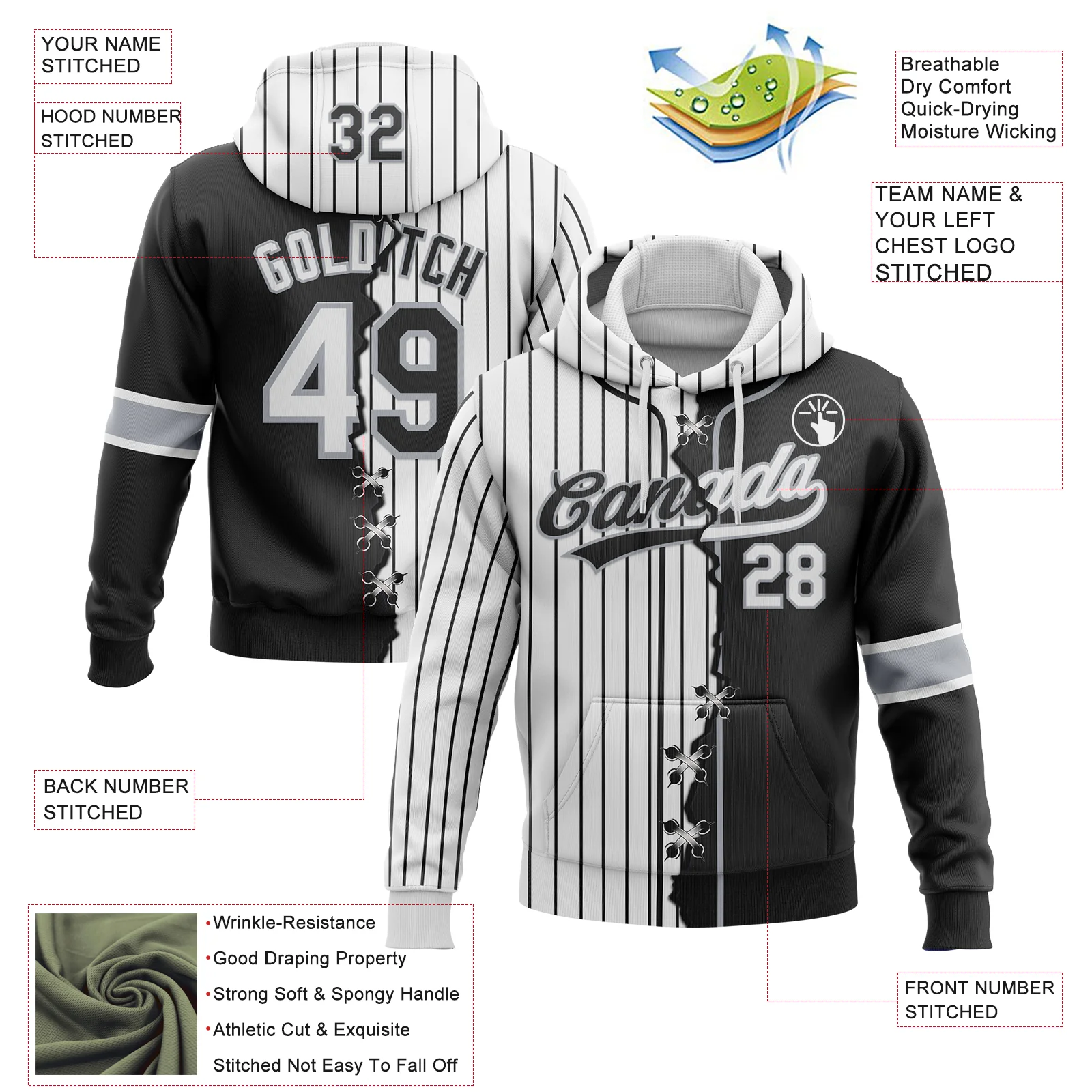 Custom Black White-Gray Pinstripe Split Ripped Pattern Baseball Pullover Sweatshirt Hoodie