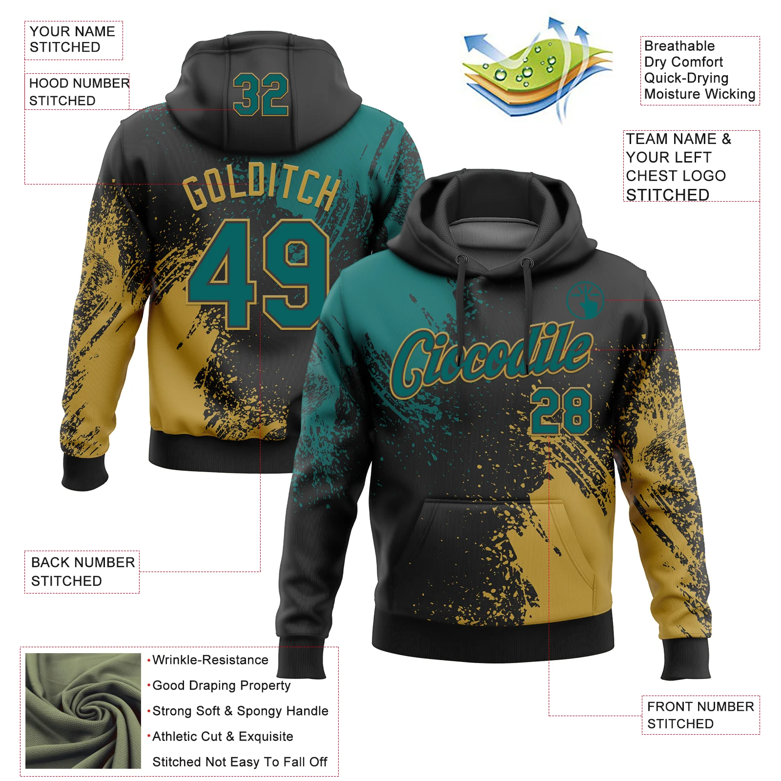 Custom Stitched Black Teal-Old Gold 3D Pattern Design Abstract Brush Stroke Sports Pullover Sweatshirt Hoodie