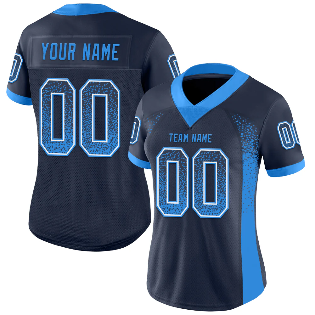 Custom Navy Powder Blue-White Drift Fashion Football Jersey