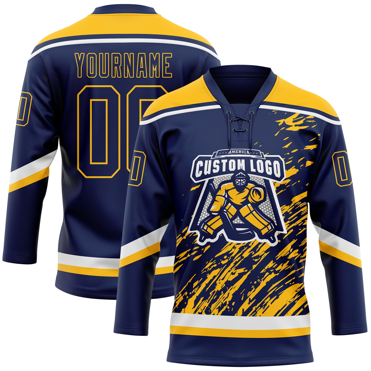 Custom Navy Gold-White 3D Splash Art Hockey Lace Neck Jersey